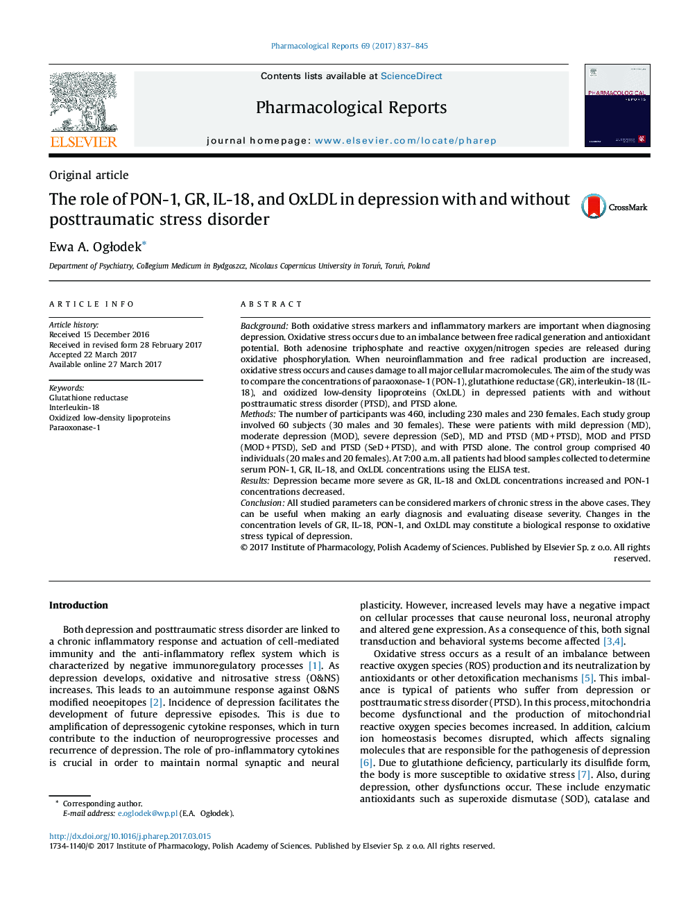 Original articleThe role of PON-1, GR, IL-18, and OxLDL in depression with and without posttraumatic stress disorder