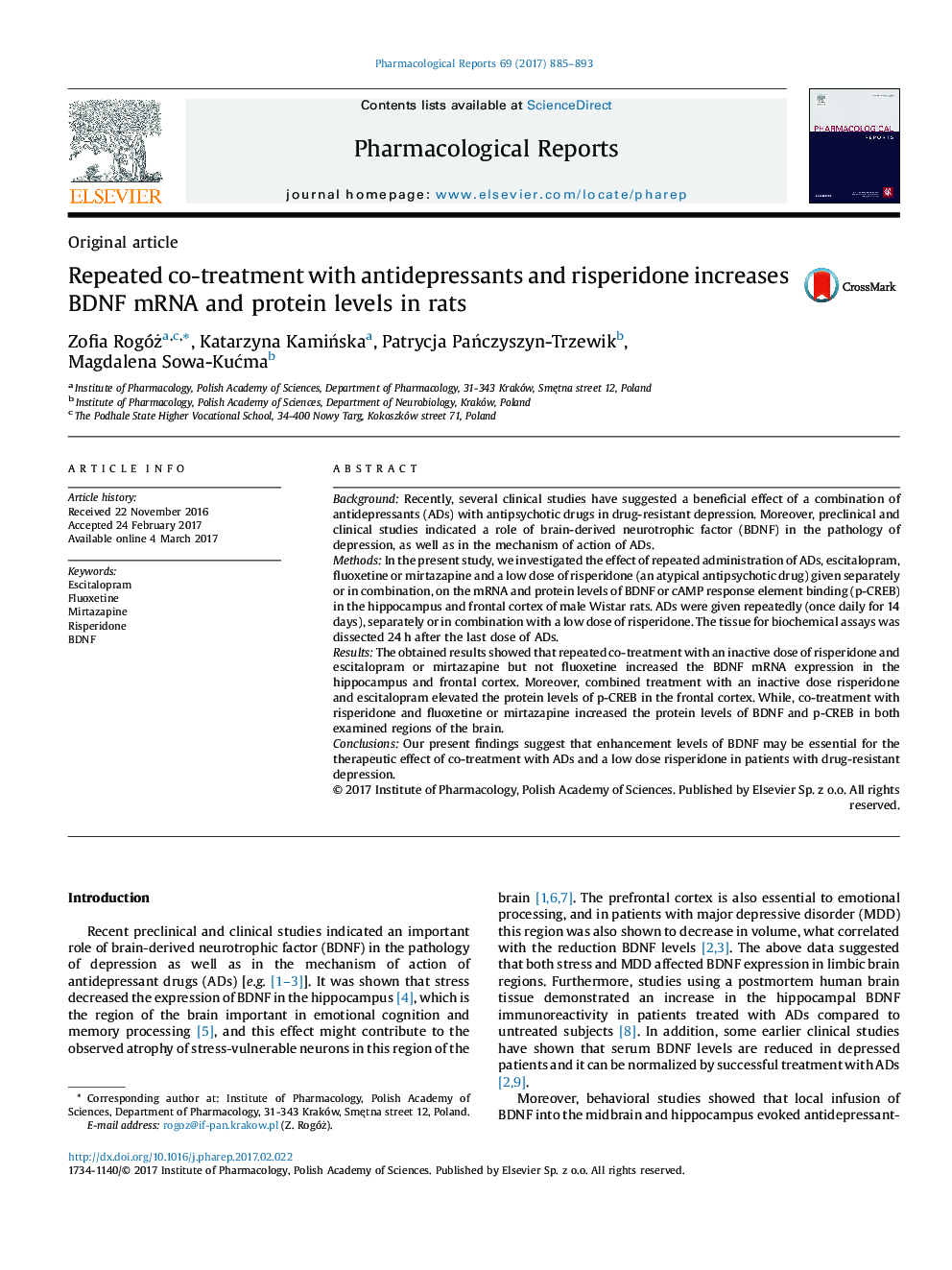 Original articleRepeated co-treatment with antidepressants and risperidone increases BDNF mRNA and protein levels in rats