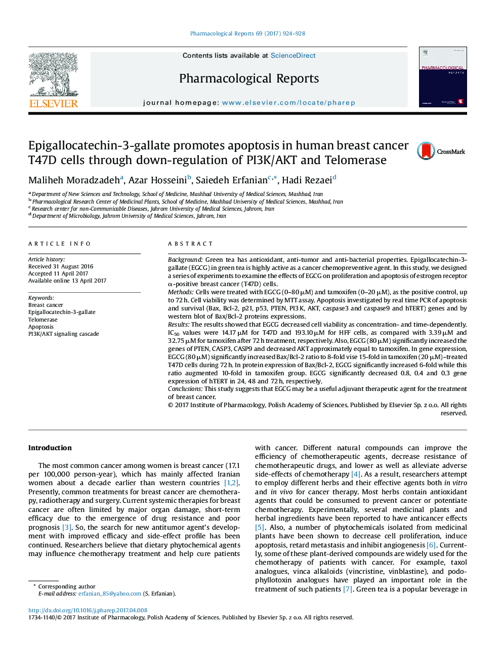 Epigallocatechin-3-gallate promotes apoptosis in human breast cancer T47D cells through down-regulation of PI3K/AKT and Telomerase