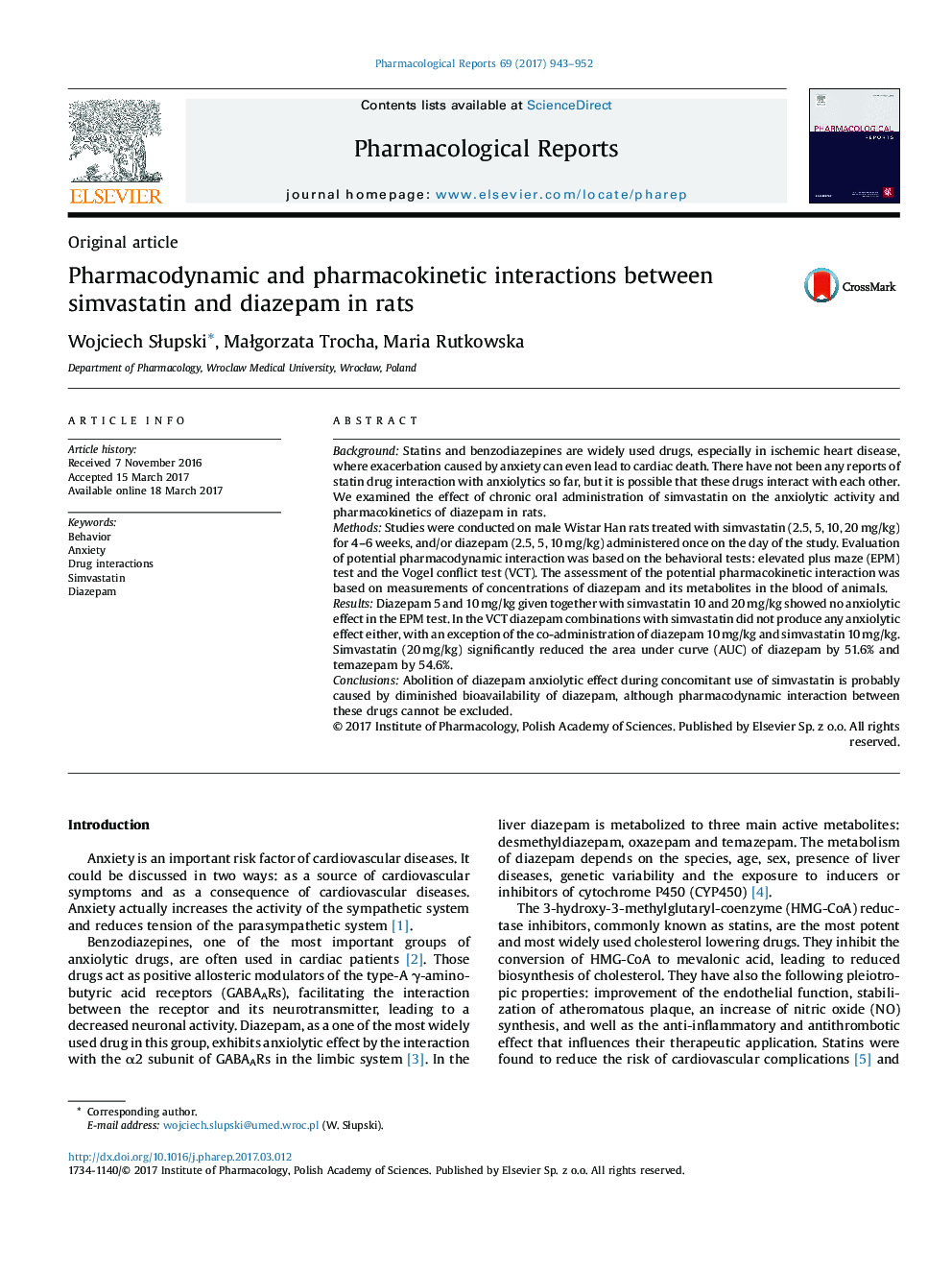 Original articlePharmacodynamic and pharmacokinetic interactions between simvastatin and diazepam in rats