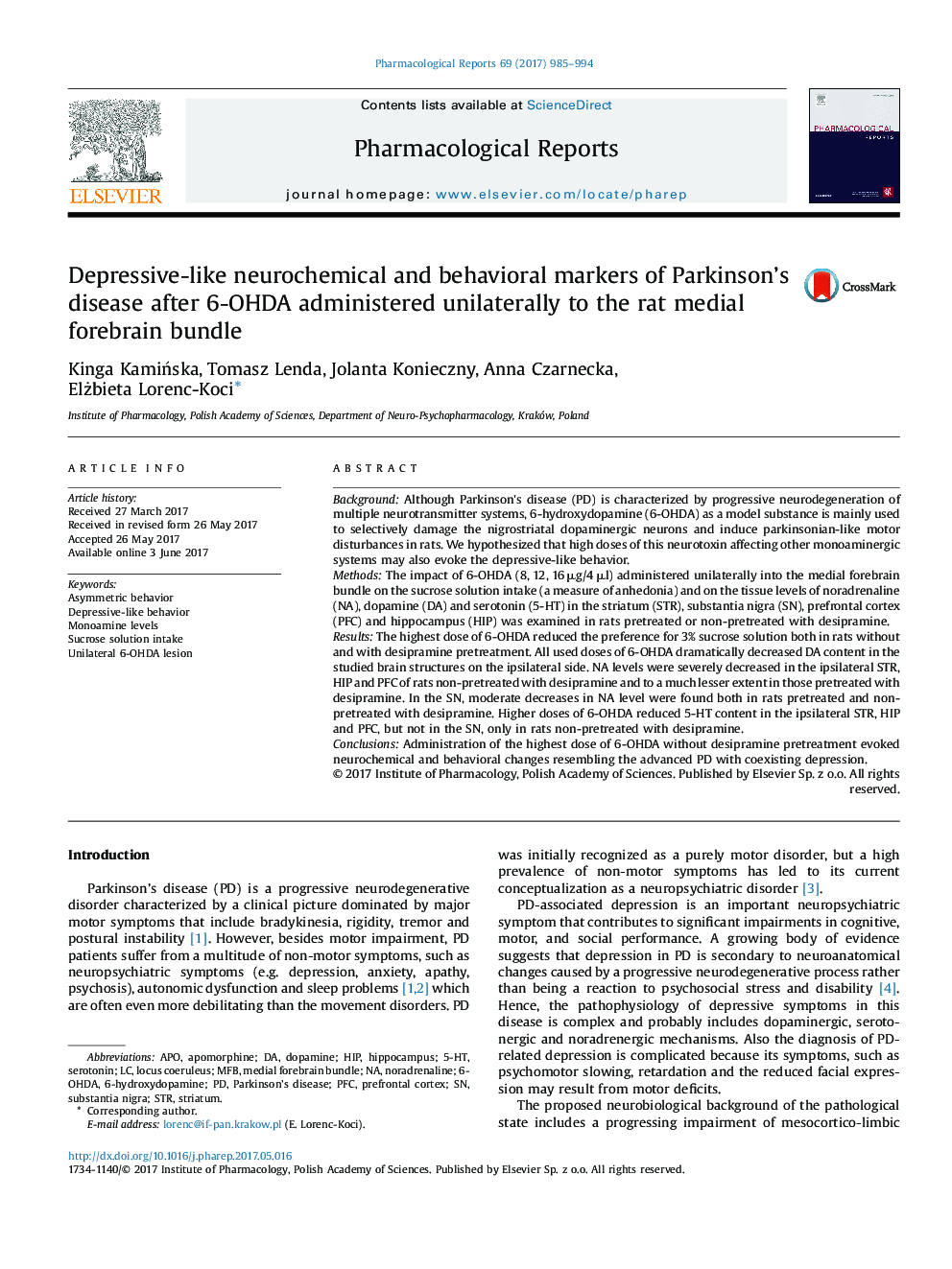 Depressive-like neurochemical and behavioral markers of Parkinson's disease after 6-OHDA administered unilaterally to the rat medial forebrain bundle