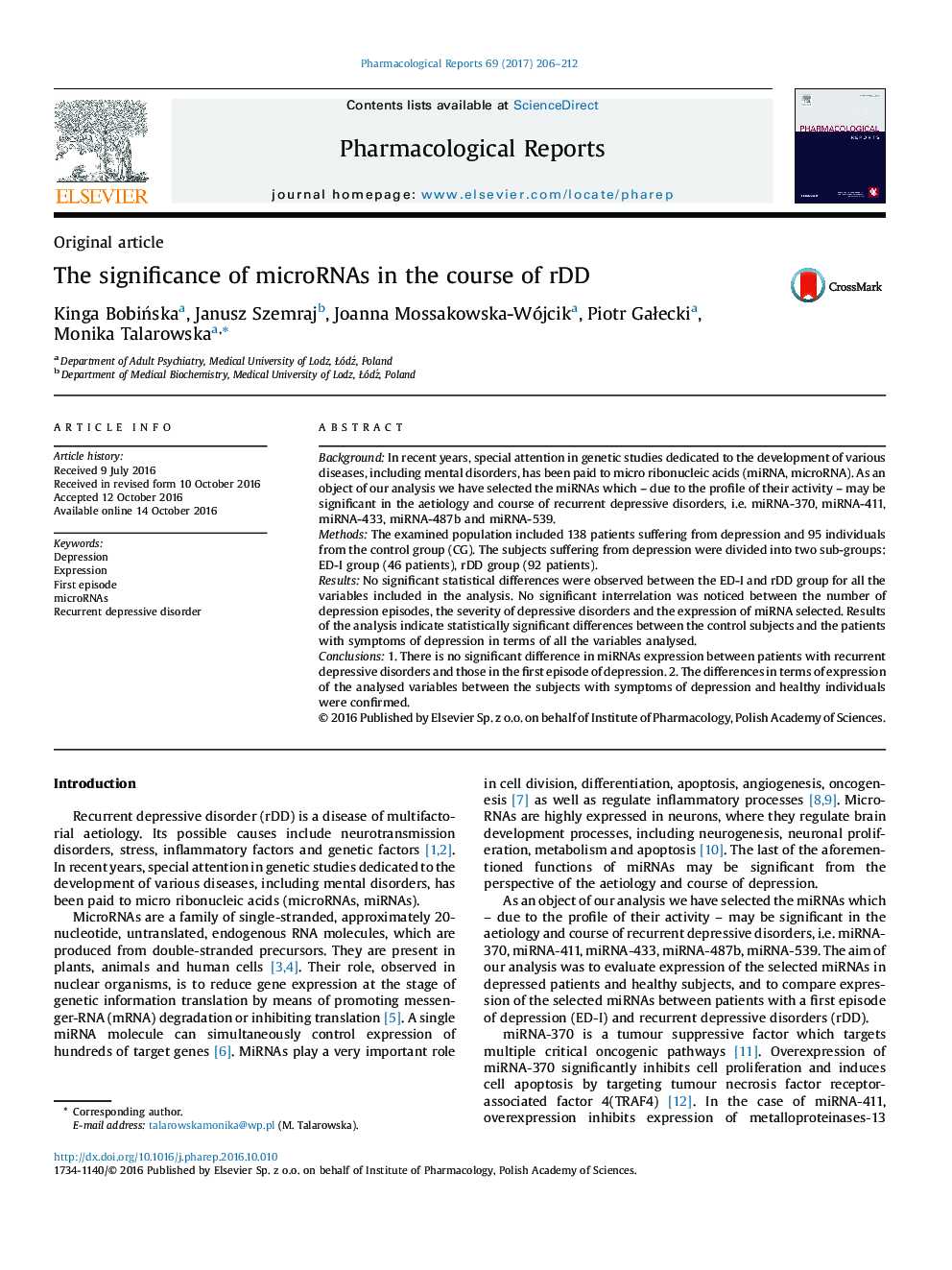 Original articleThe significance of microRNAs in the course of rDD