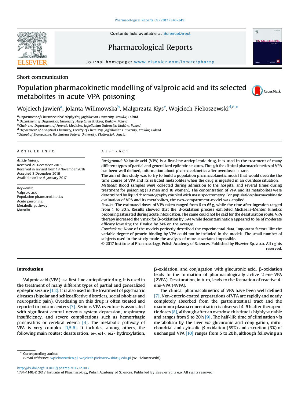 Short communicationPopulation pharmacokinetic modelling of valproic acid and its selected metabolites in acute VPA poisoning