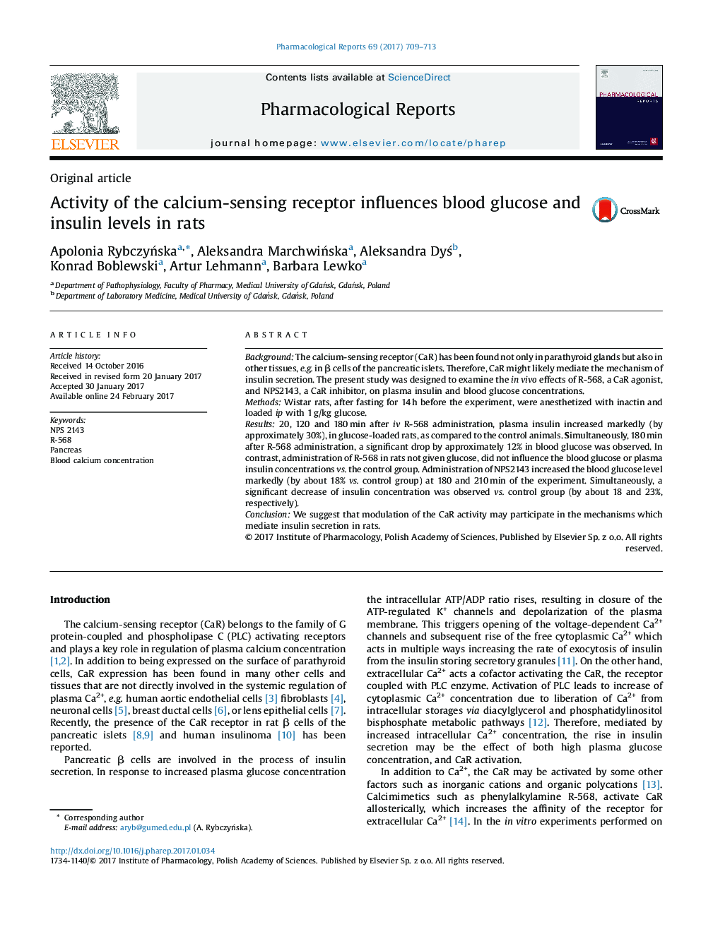 Original articleActivity of the calcium-sensing receptor influences blood glucose and insulin levels in rats