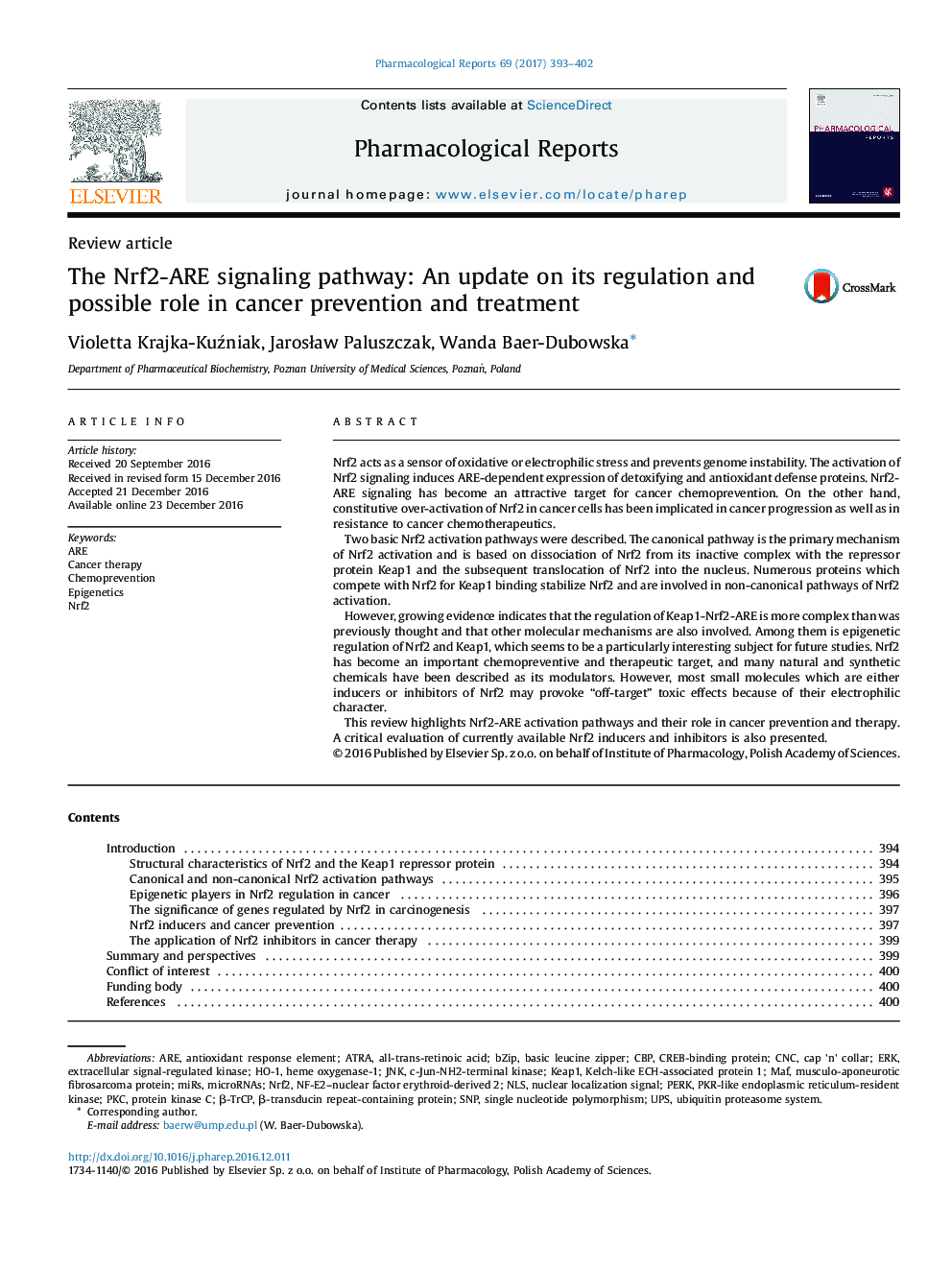 Review articleThe Nrf2-ARE signaling pathway: An update on its regulation and possible role in cancer prevention and treatment