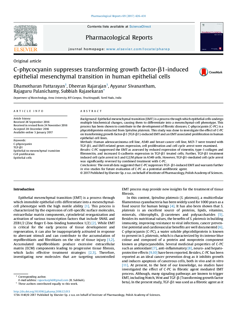 Original articleC-phycocyanin suppresses transforming growth factor-Î²1-induced epithelial mesenchymal transition in human epithelial cells