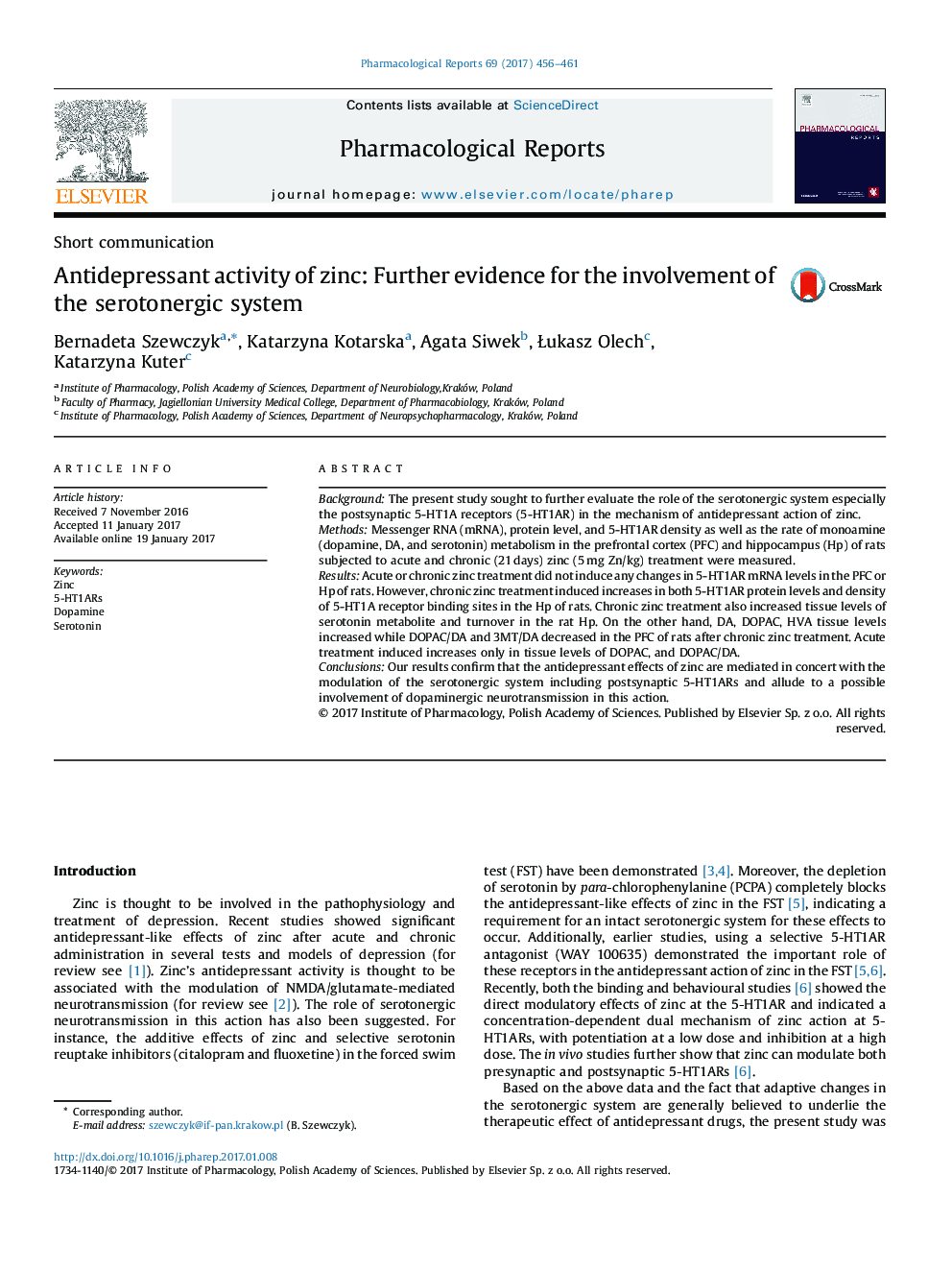 Short communicationAntidepressant activity of zinc: Further evidence for the involvement of the serotonergic system