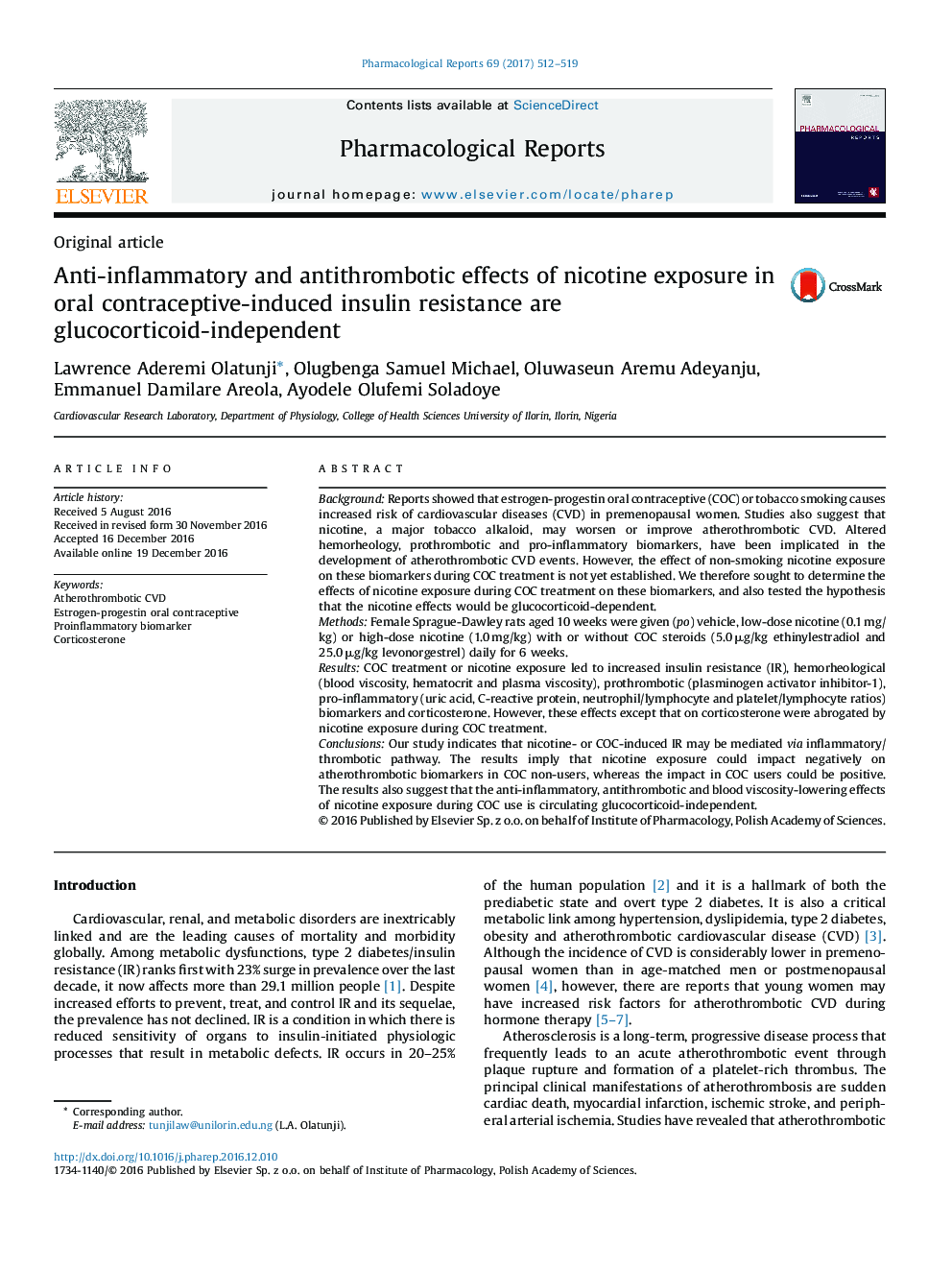 Original articleAnti-inflammatory and antithrombotic effects of nicotine exposure in oral contraceptive-induced insulin resistance are glucocorticoid-independent