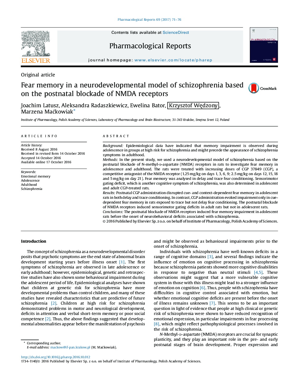 Original articleFear memory in a neurodevelopmental model of schizophrenia based on the postnatal blockade of NMDA receptors