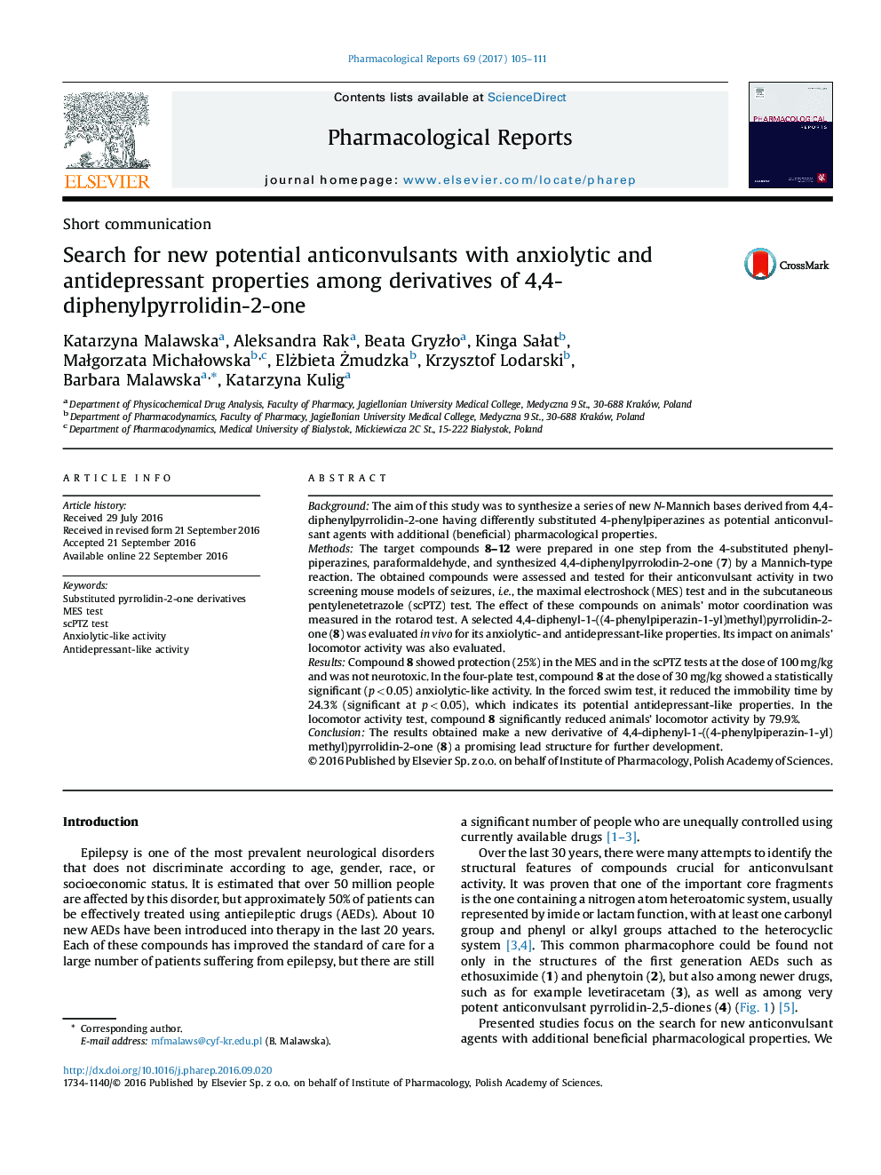 Short communicationSearch for new potential anticonvulsants with anxiolytic and antidepressant properties among derivatives of 4,4-diphenylpyrrolidin-2-one