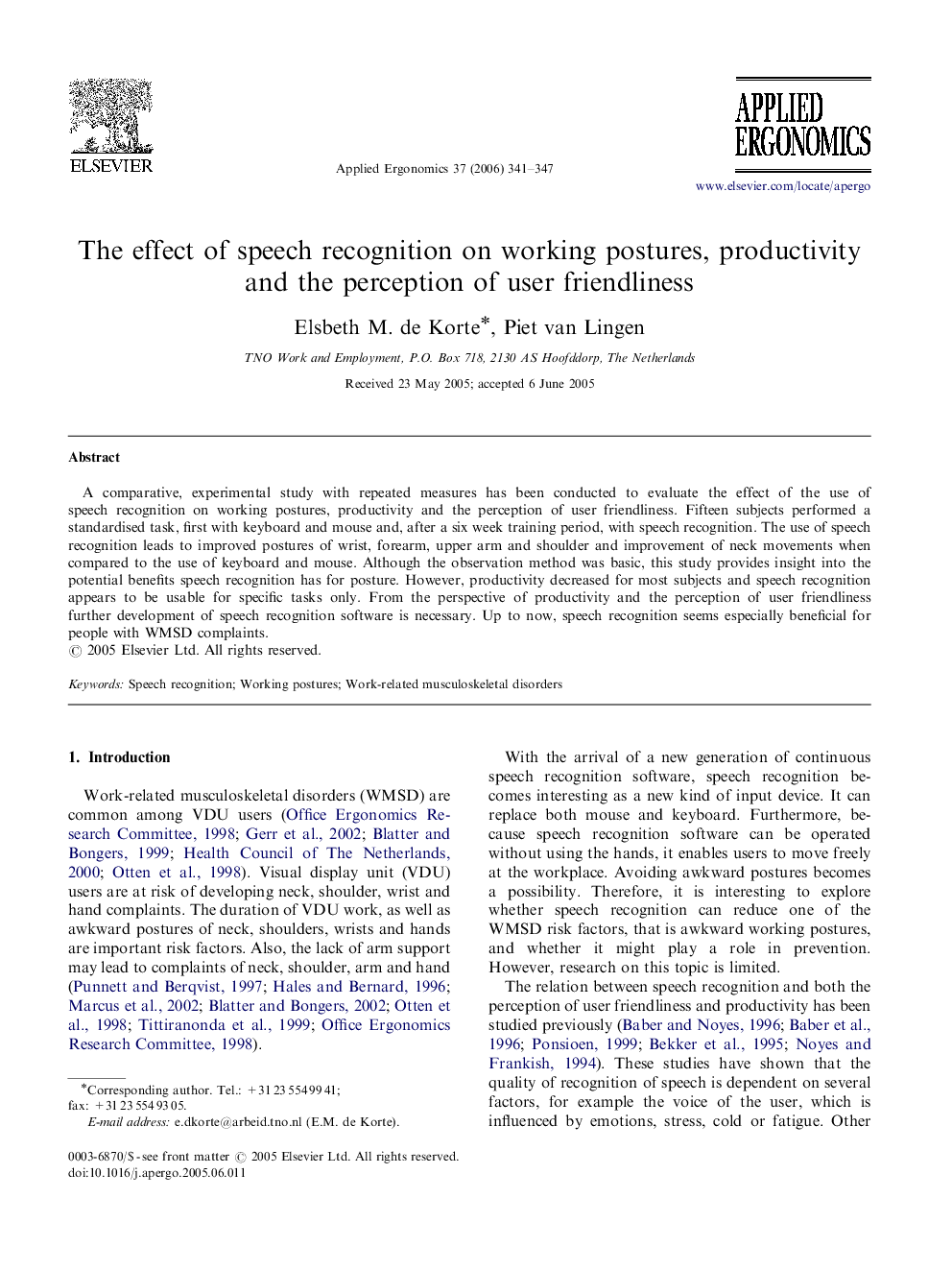 The effect of speech recognition on working postures, productivity and the perception of user friendliness