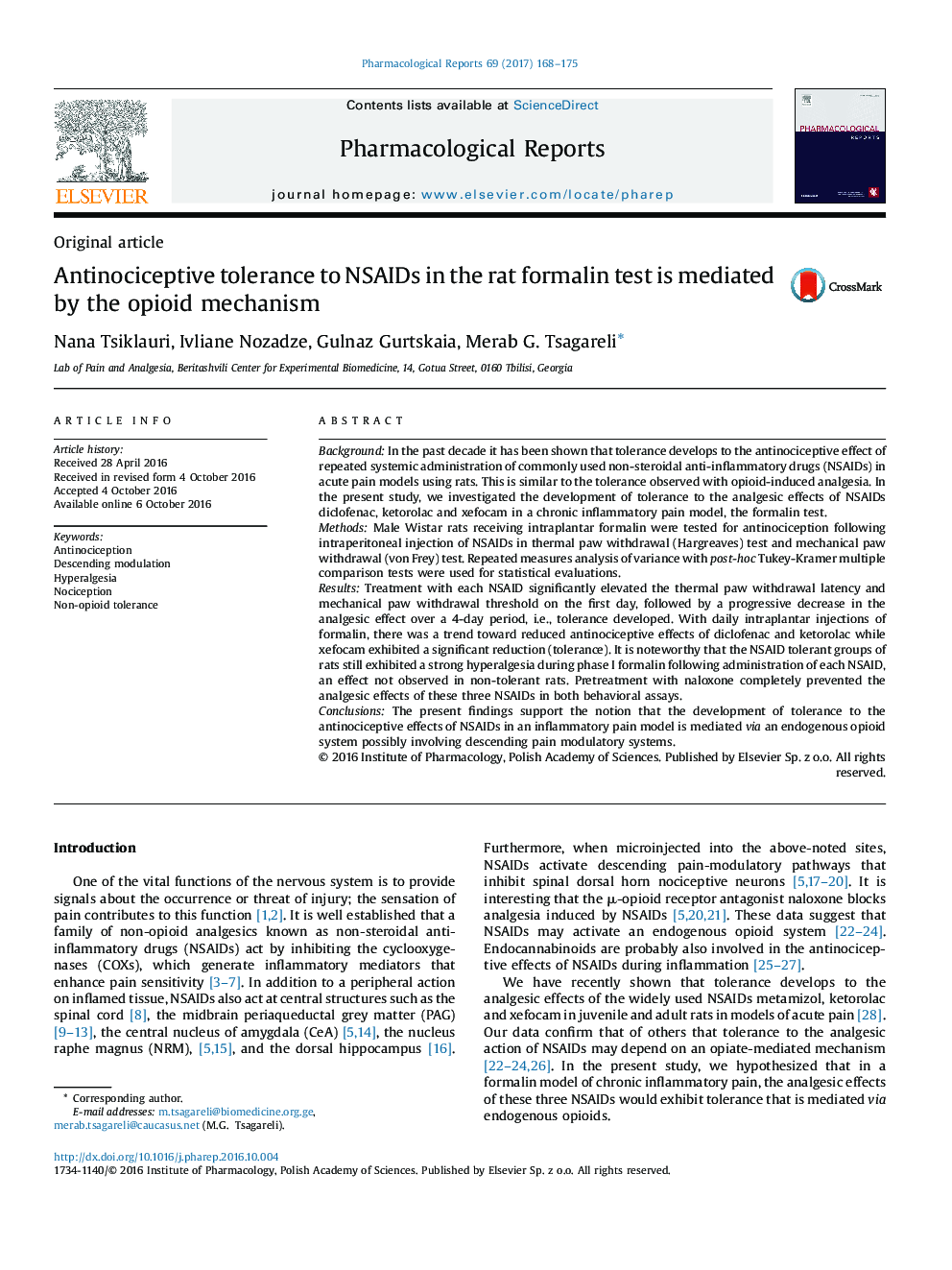 Original articleAntinociceptive tolerance to NSAIDs in the rat formalin test is mediated by the opioid mechanism