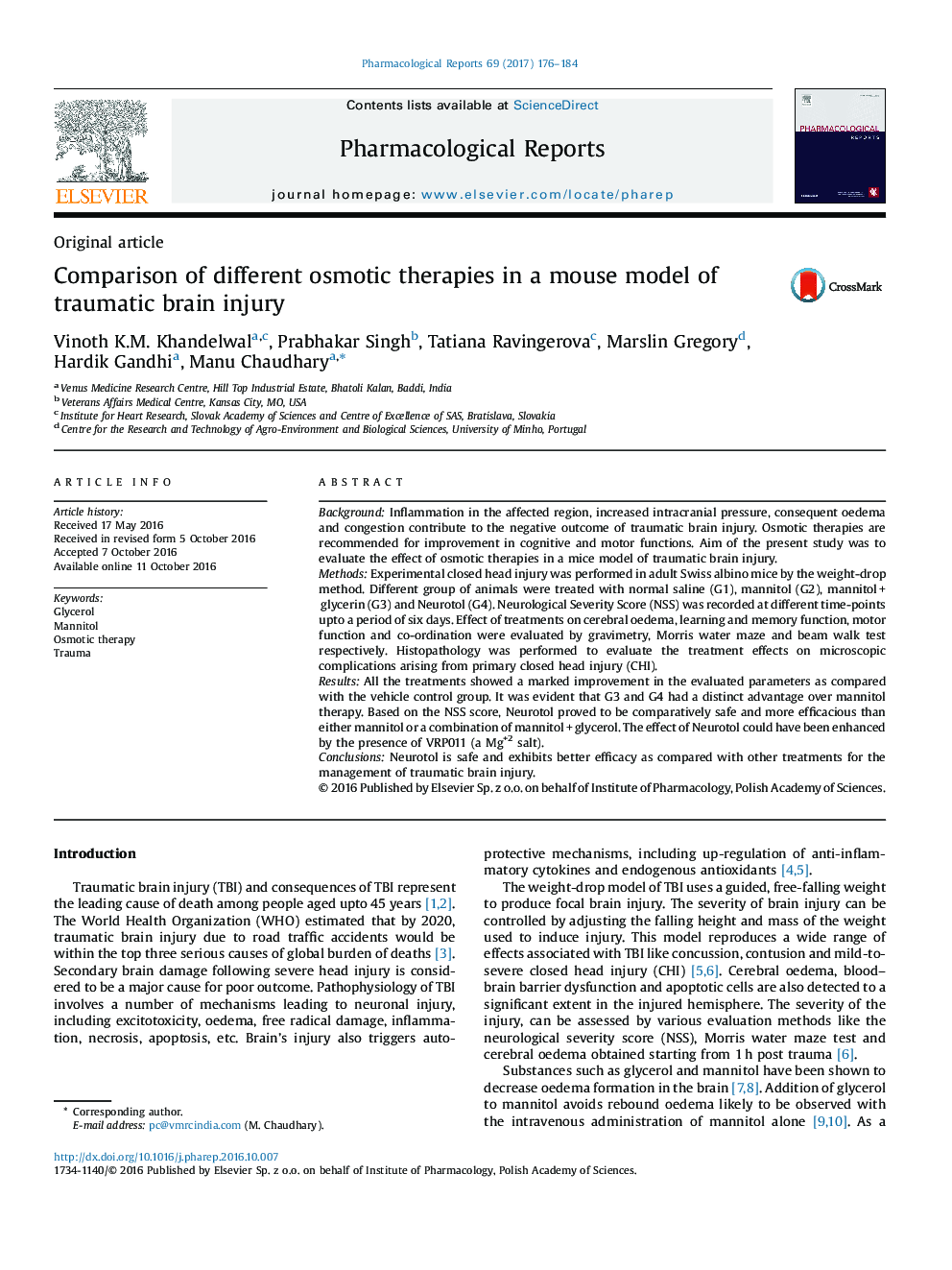 Original articleComparison of different osmotic therapies in a mouse model of traumatic brain injury