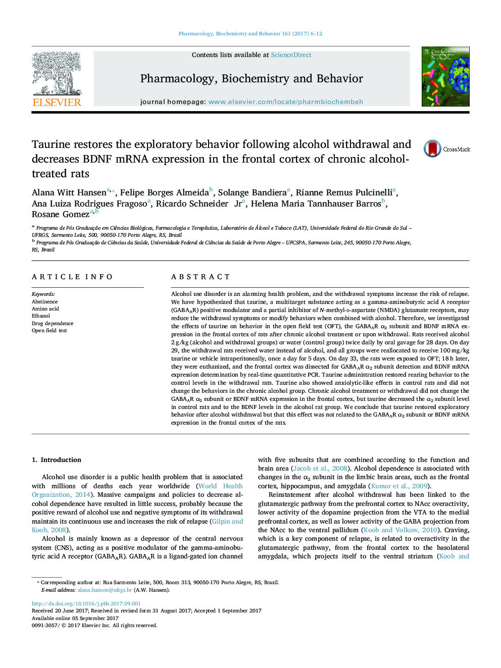 Taurine restores the exploratory behavior following alcohol withdrawal and decreases BDNF mRNA expression in the frontal cortex of chronic alcohol-treated rats