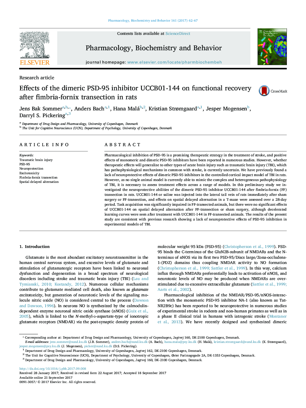 Effects of the dimeric PSD-95 inhibitor UCCB01-144 on functional recovery after fimbria-fornix transection in rats