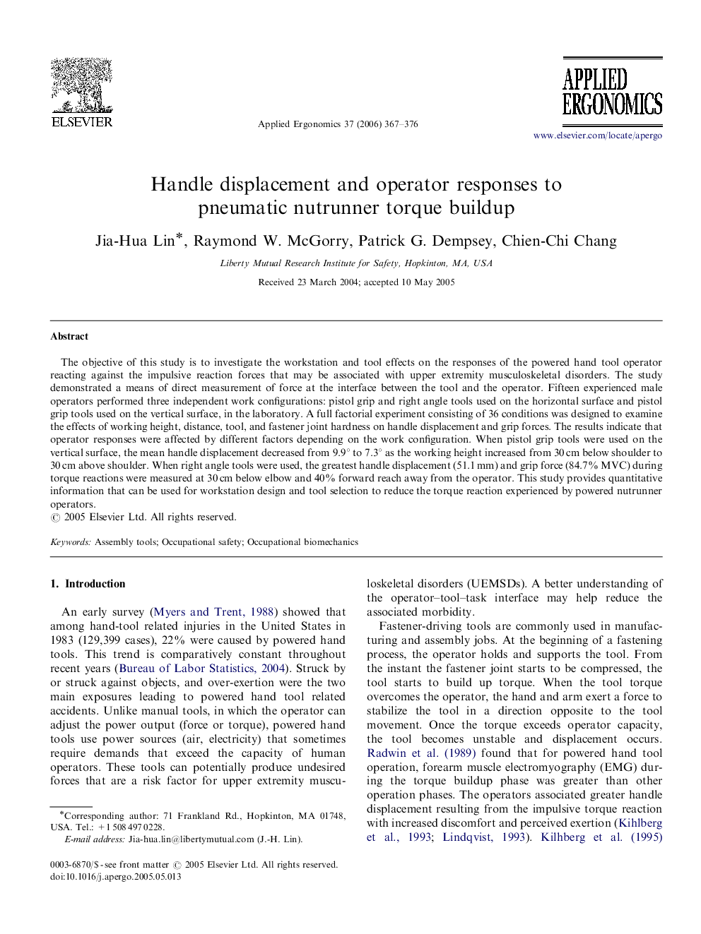 Handle displacement and operator responses to pneumatic nutrunner torque buildup