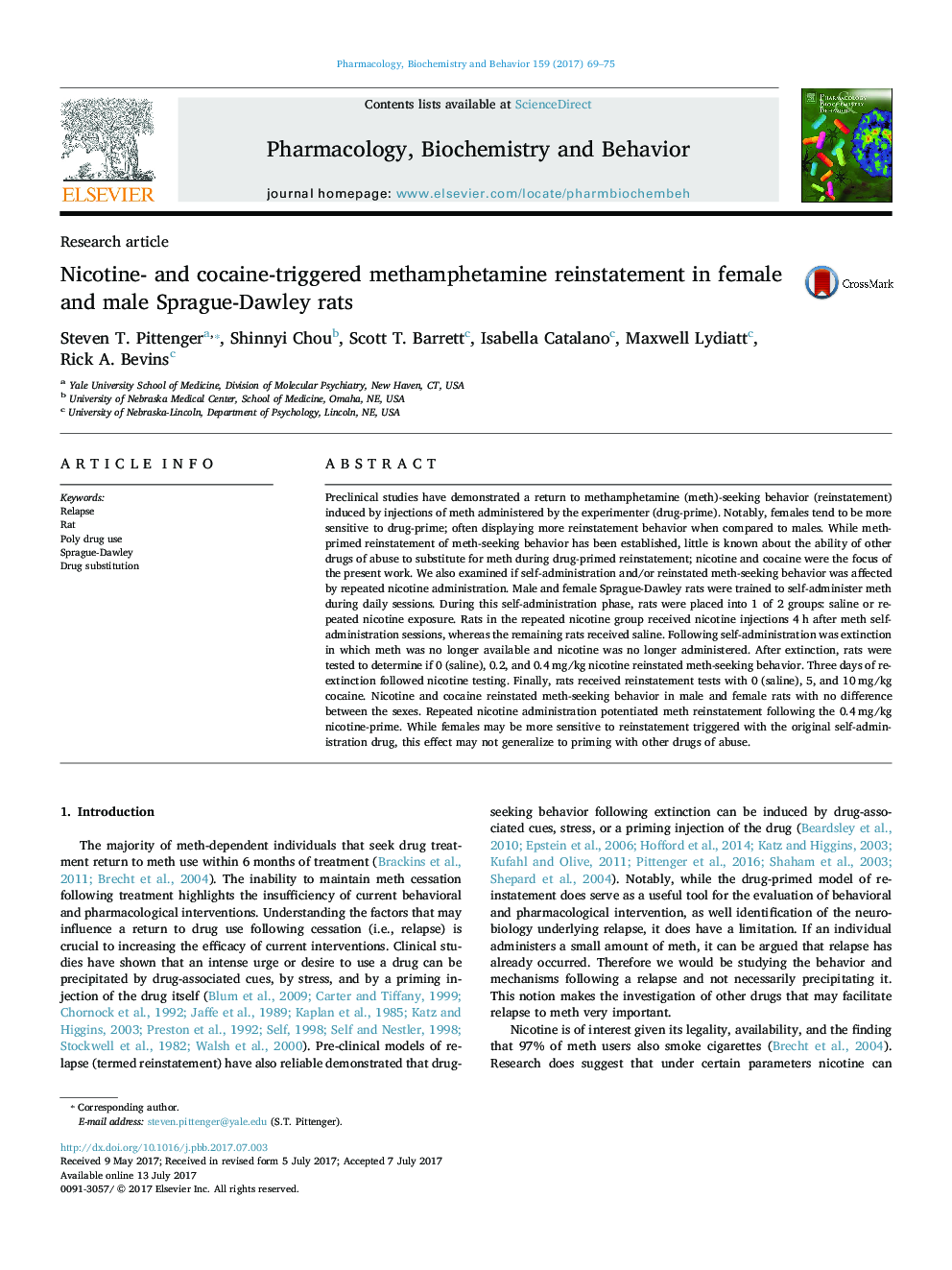 Research articleNicotine- and cocaine-triggered methamphetamine reinstatement in female and male Sprague-Dawley rats