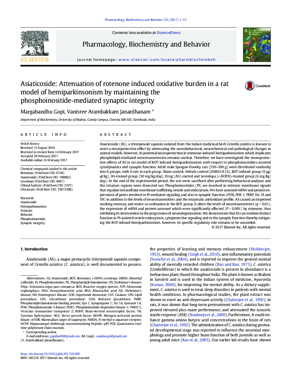 Asiaticoside: Attenuation of rotenone induced oxidative burden in a rat model of hemiparkinsonism by maintaining the phosphoinositide-mediated synaptic integrity