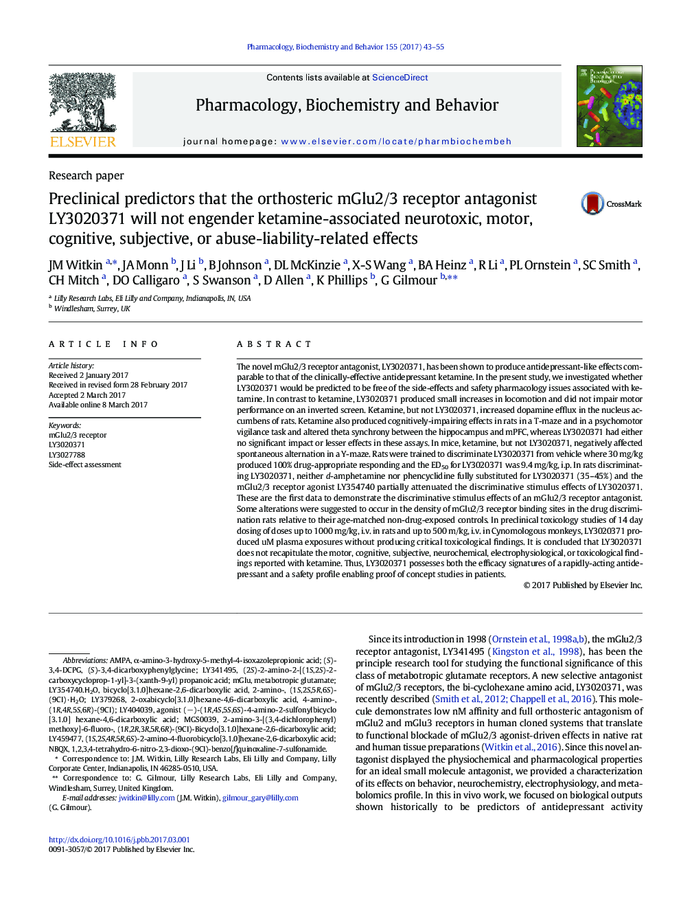 Research paperPreclinical predictors that the orthosteric mGlu2/3 receptor antagonist LY3020371 will not engender ketamine-associated neurotoxic, motor, cognitive, subjective, or abuse-liability-related effects