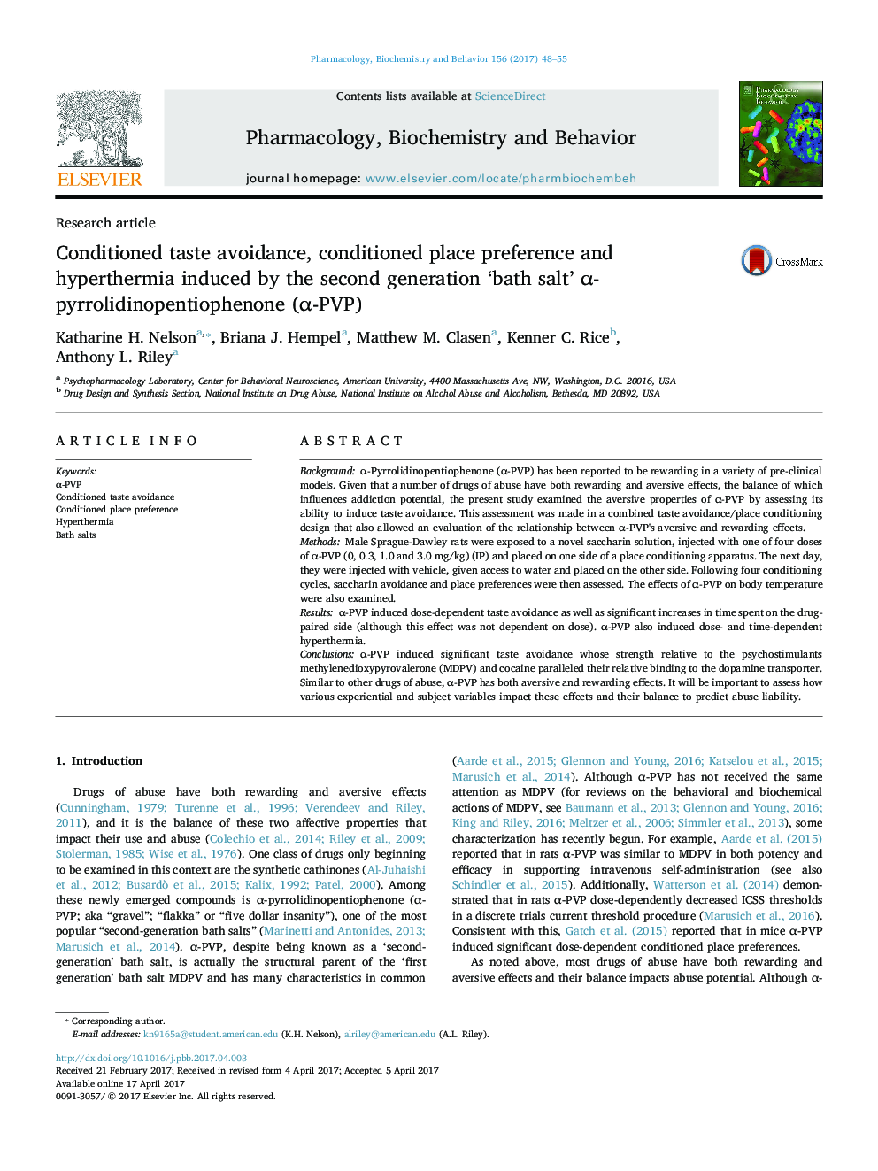 Research articleConditioned taste avoidance, conditioned place preference and hyperthermia induced by the second generation 'bath salt' Î±-pyrrolidinopentiophenone (Î±-PVP)