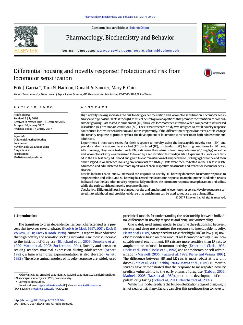 Differential housing and novelty response: Protection and risk from locomotor sensitization