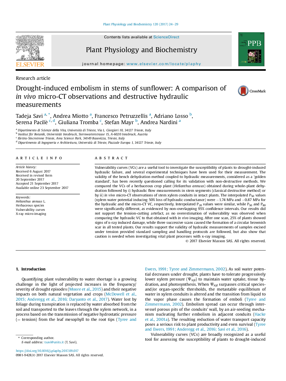 Research articleDrought-induced embolism in stems of sunflower: A comparison of inÂ vivo micro-CT observations and destructive hydraulic measurements