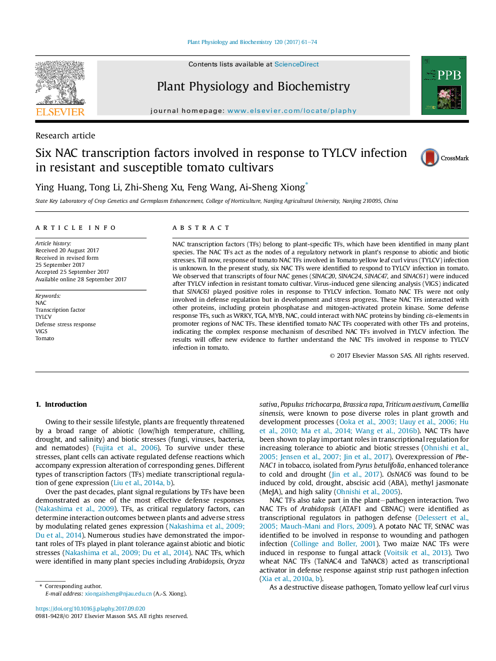 Research articleSix NAC transcription factors involved in response to TYLCV infection in resistant and susceptible tomato cultivars