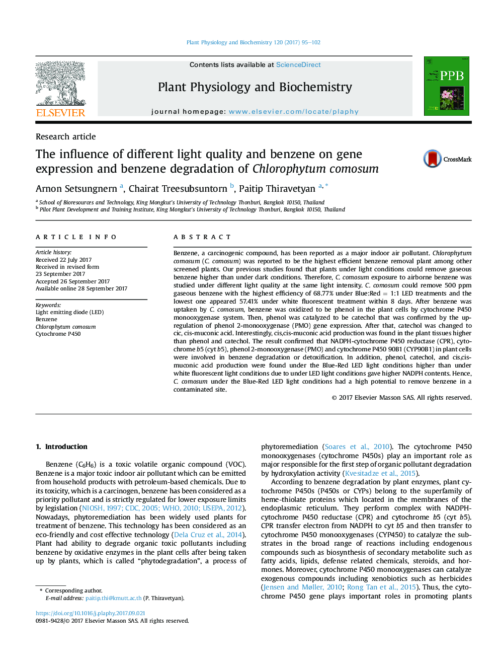 Research articleThe influence of different light quality and benzene on gene expression and benzene degradation of Chlorophytum comosum