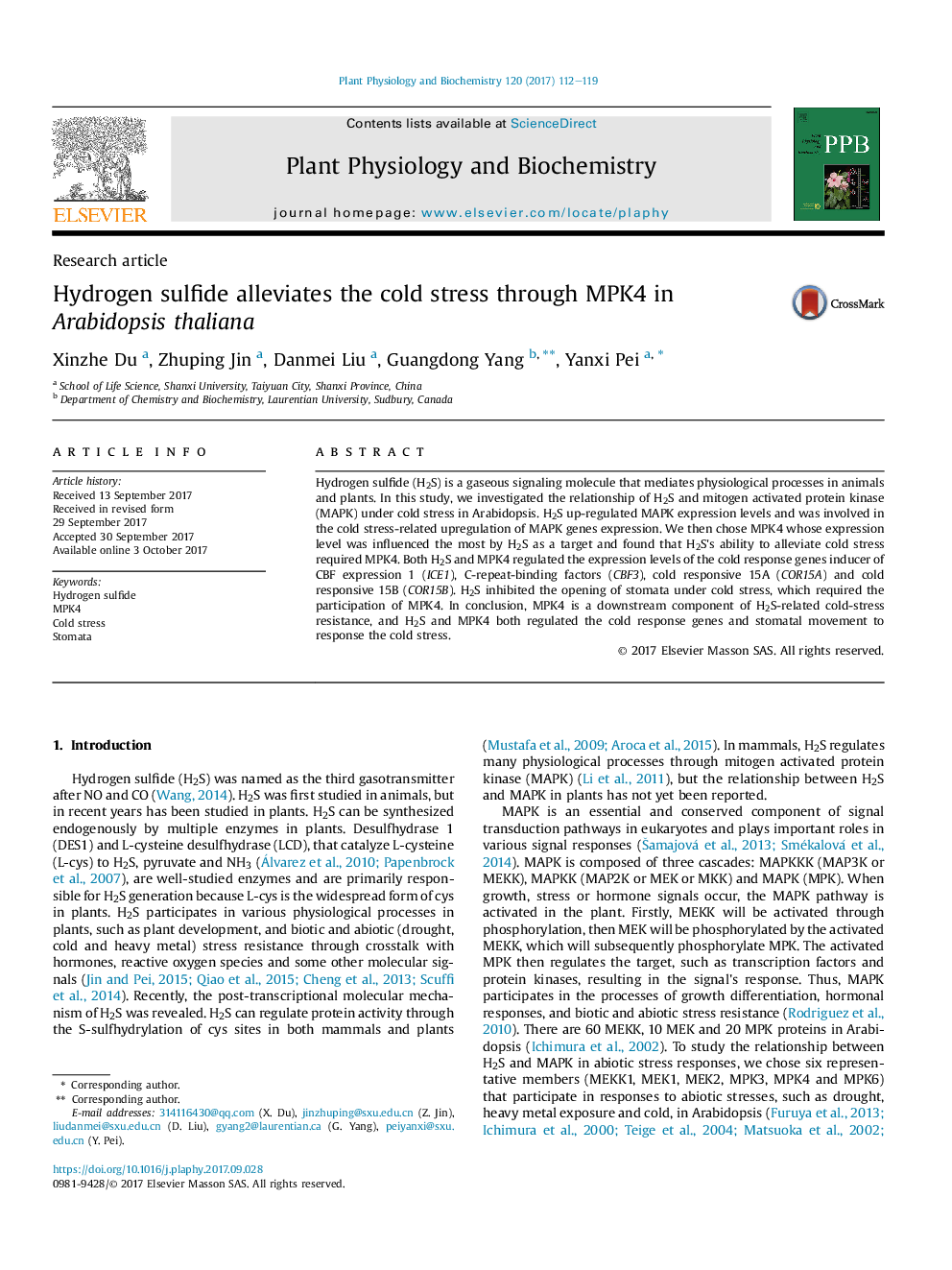 Research articleHydrogen sulfide alleviates the cold stress through MPK4 in Arabidopsis thaliana