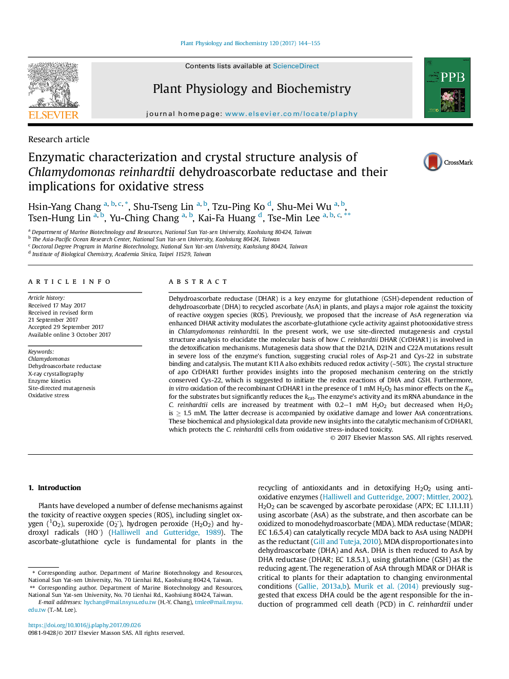 Research articleEnzymatic characterization and crystal structure analysis of Chlamydomonas reinhardtii dehydroascorbate reductase and their implications for oxidative stress