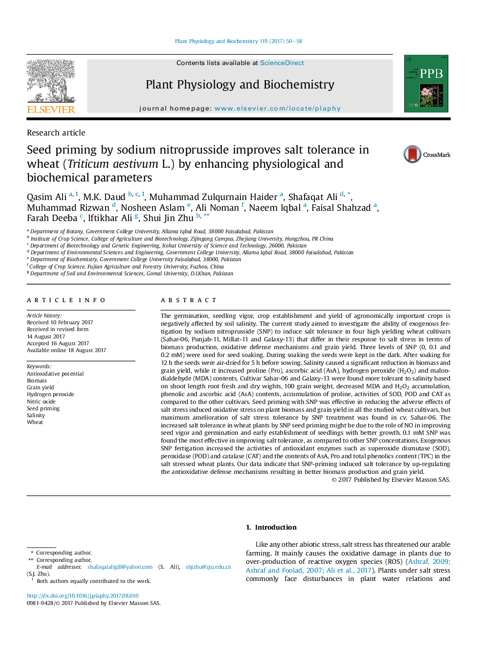 Research articleSeed priming by sodium nitroprusside improves salt tolerance in wheat (Triticum aestivum L.) by enhancing physiological and biochemical parameters