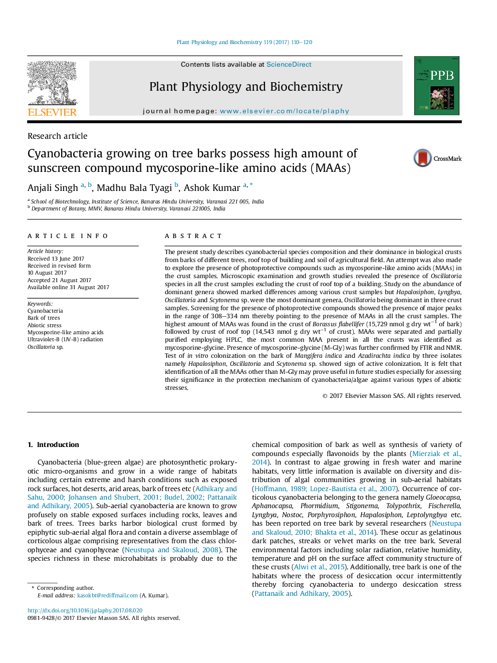 Research articleCyanobacteria growing on tree barks possess high amount of sunscreen compound mycosporine-like amino acids (MAAs)