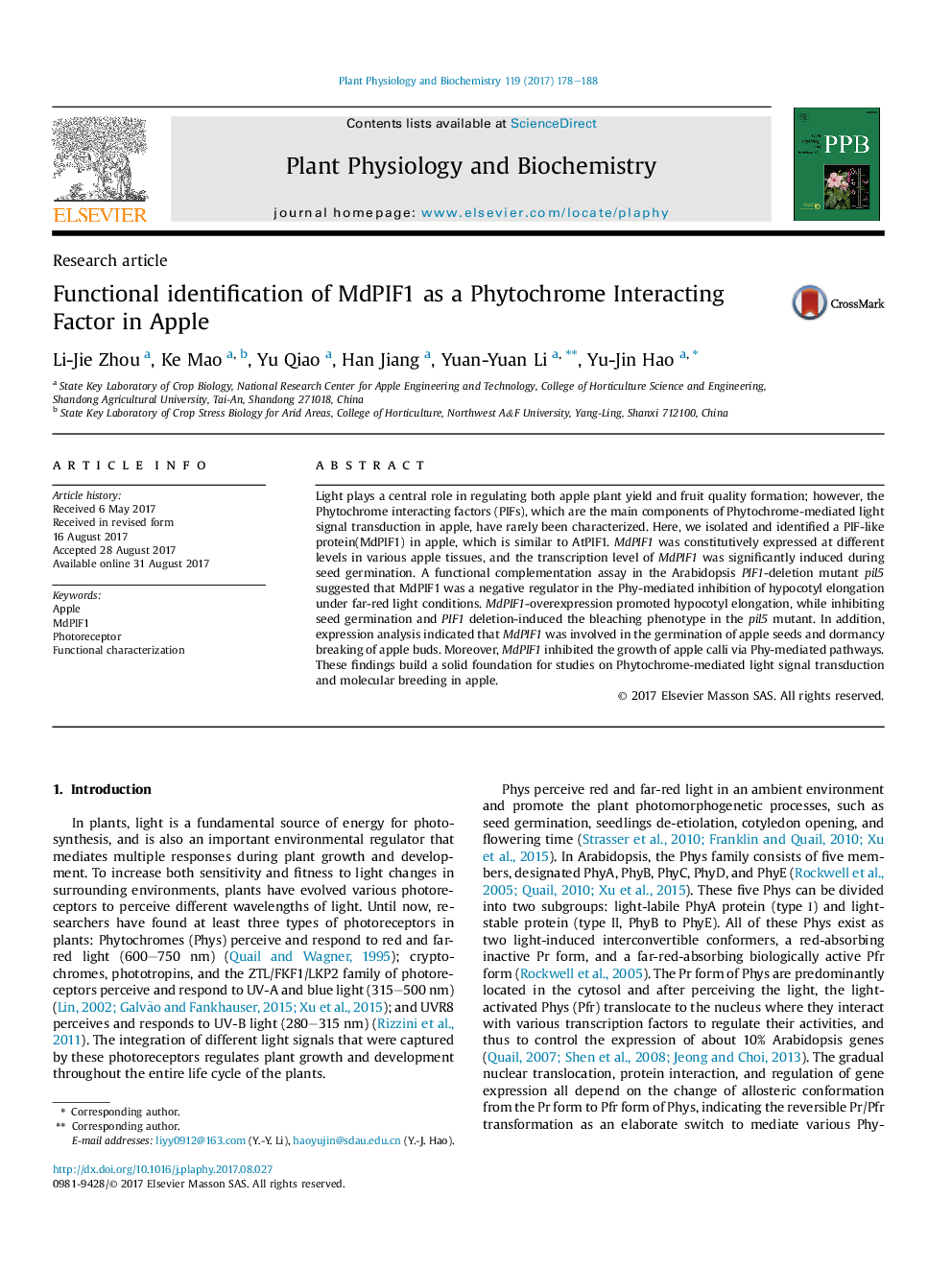 Research articleFunctional identification of MdPIF1 as a Phytochrome Interacting Factor in Apple