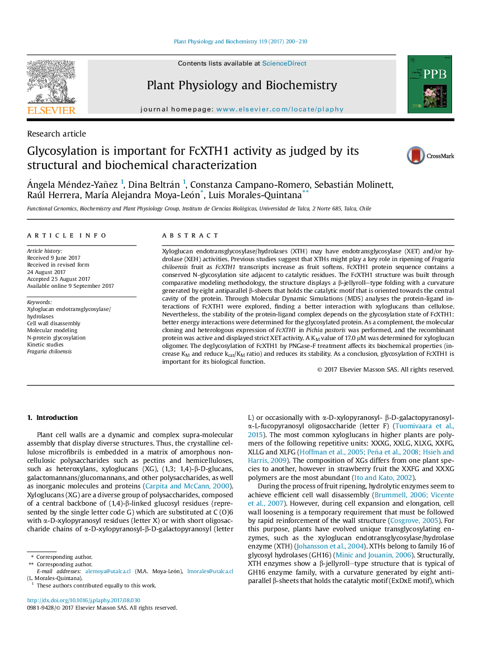 Research articleGlycosylation is important for FcXTH1 activity as judged by its structural and biochemical characterization