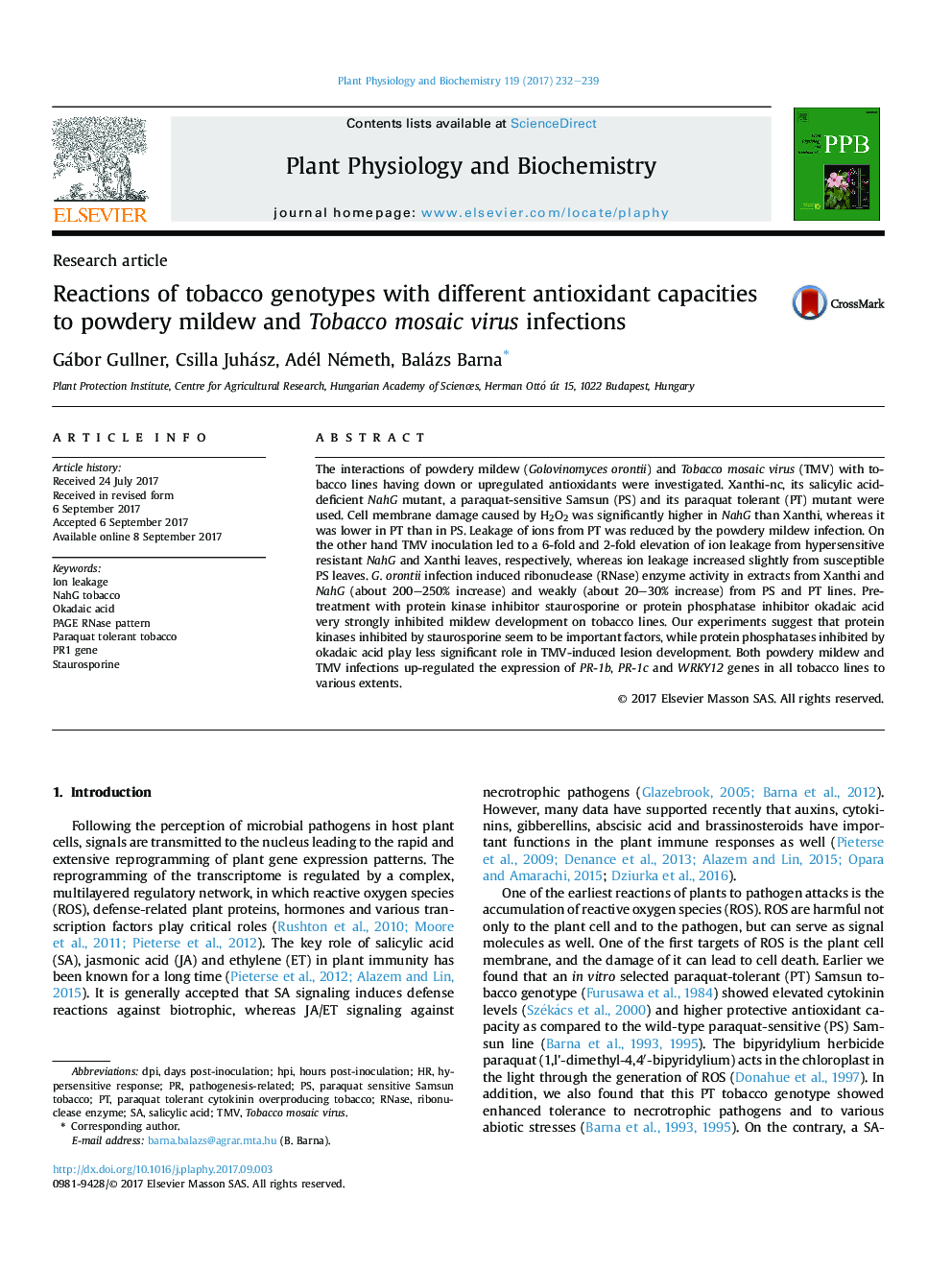 Research articleReactions of tobacco genotypes with different antioxidant capacities to powdery mildew and Tobacco mosaic virus infections