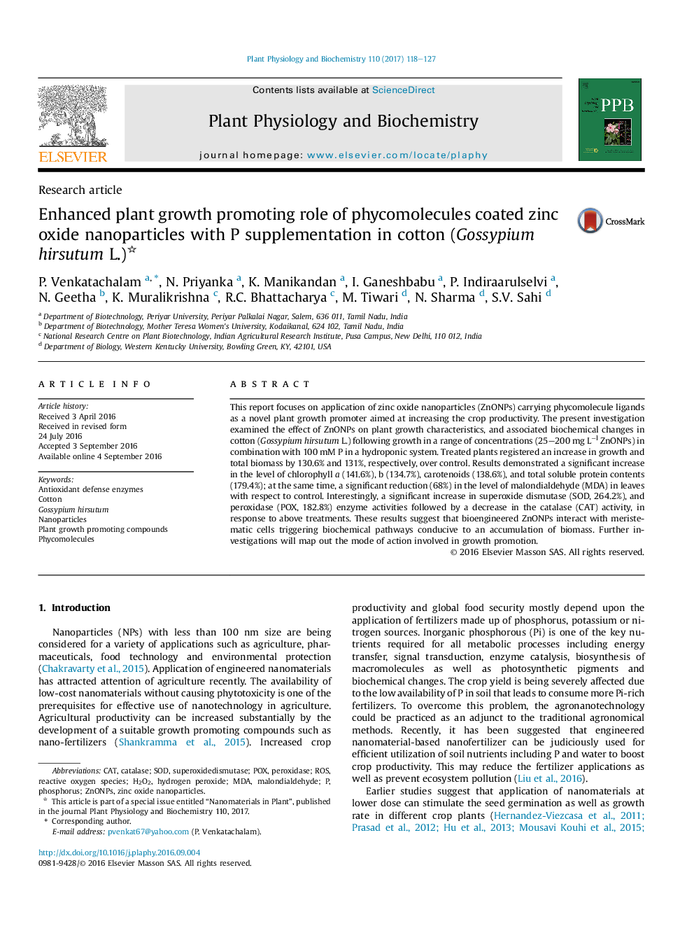 Research articleEnhanced plant growth promoting role of phycomolecules coated zinc oxide nanoparticles with P supplementation in cotton (Gossypium hirsutum L.)