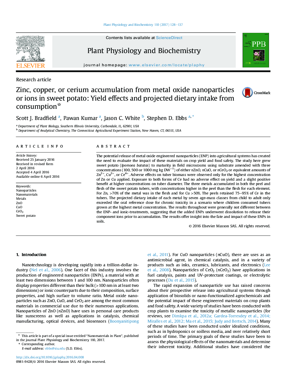 Zinc, copper, or cerium accumulation from metal oxide nanoparticles or ions in sweet potato: Yield effects and projected dietary intake from consumption 