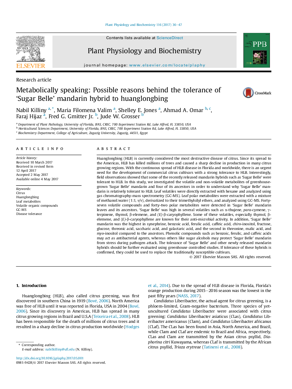 Metabolically speaking: Possible reasons behind the tolerance of ‘Sugar Belle’ mandarin hybrid to huanglongbing