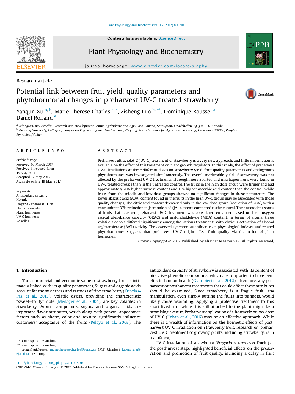 Research articlePotential link between fruit yield, quality parameters and phytohormonal changes in preharvest UV-C treated strawberry