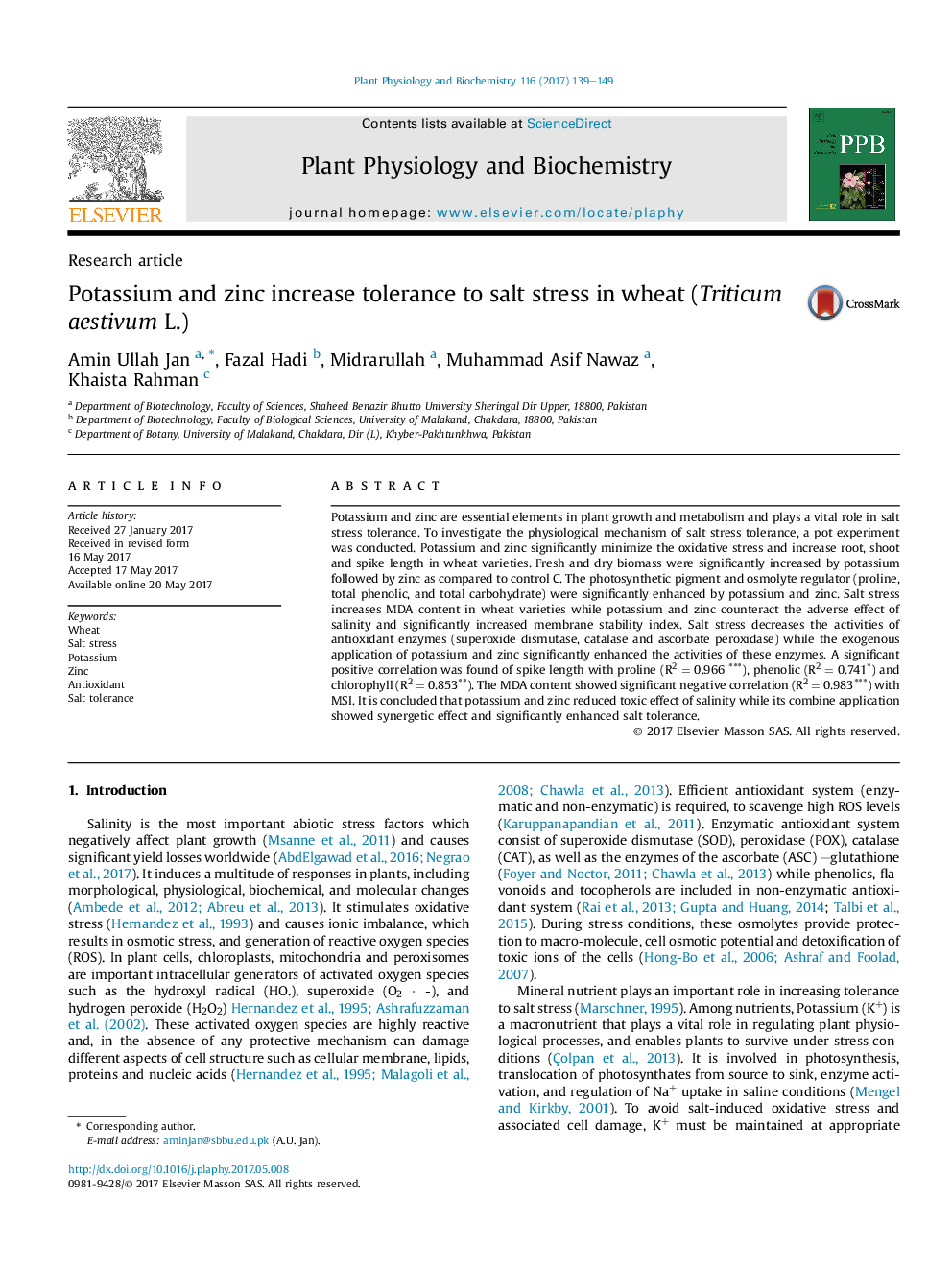 Research articlePotassium and zinc increase tolerance to salt stress in wheat (Triticum aestivum L.)