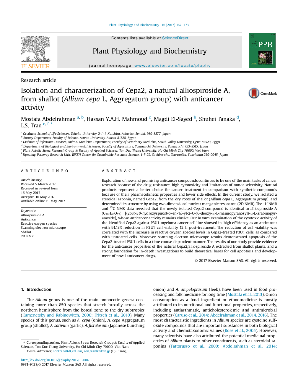 Research articleIsolation and characterization of Cepa2, a natural alliospiroside A, from shallot (Allium cepa L. Aggregatum group) with anticancer activity