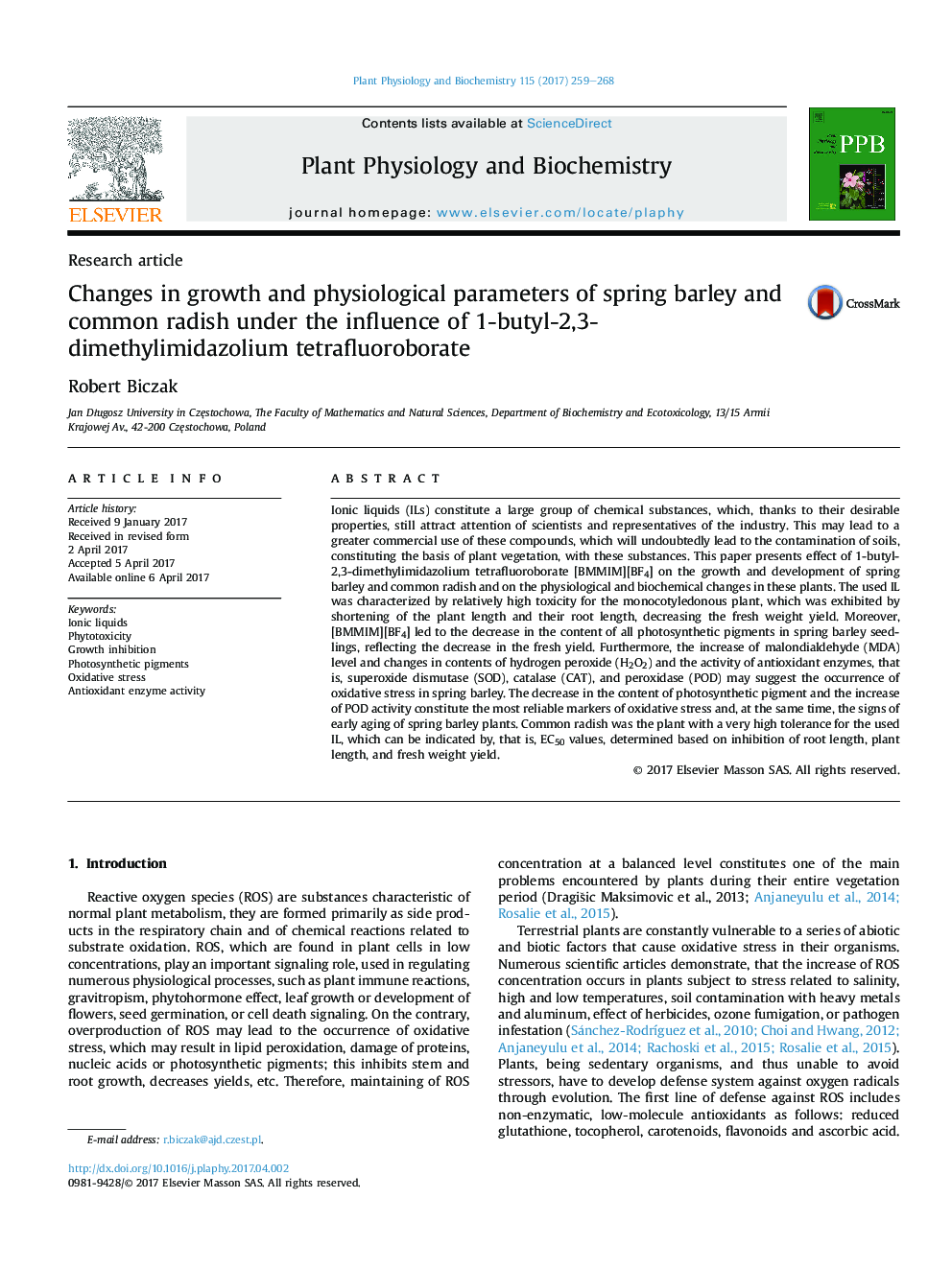 Research articleChanges in growth and physiological parameters of spring barley and common radish under the influence of 1-butyl-2,3-dimethylimidazolium tetrafluoroborate