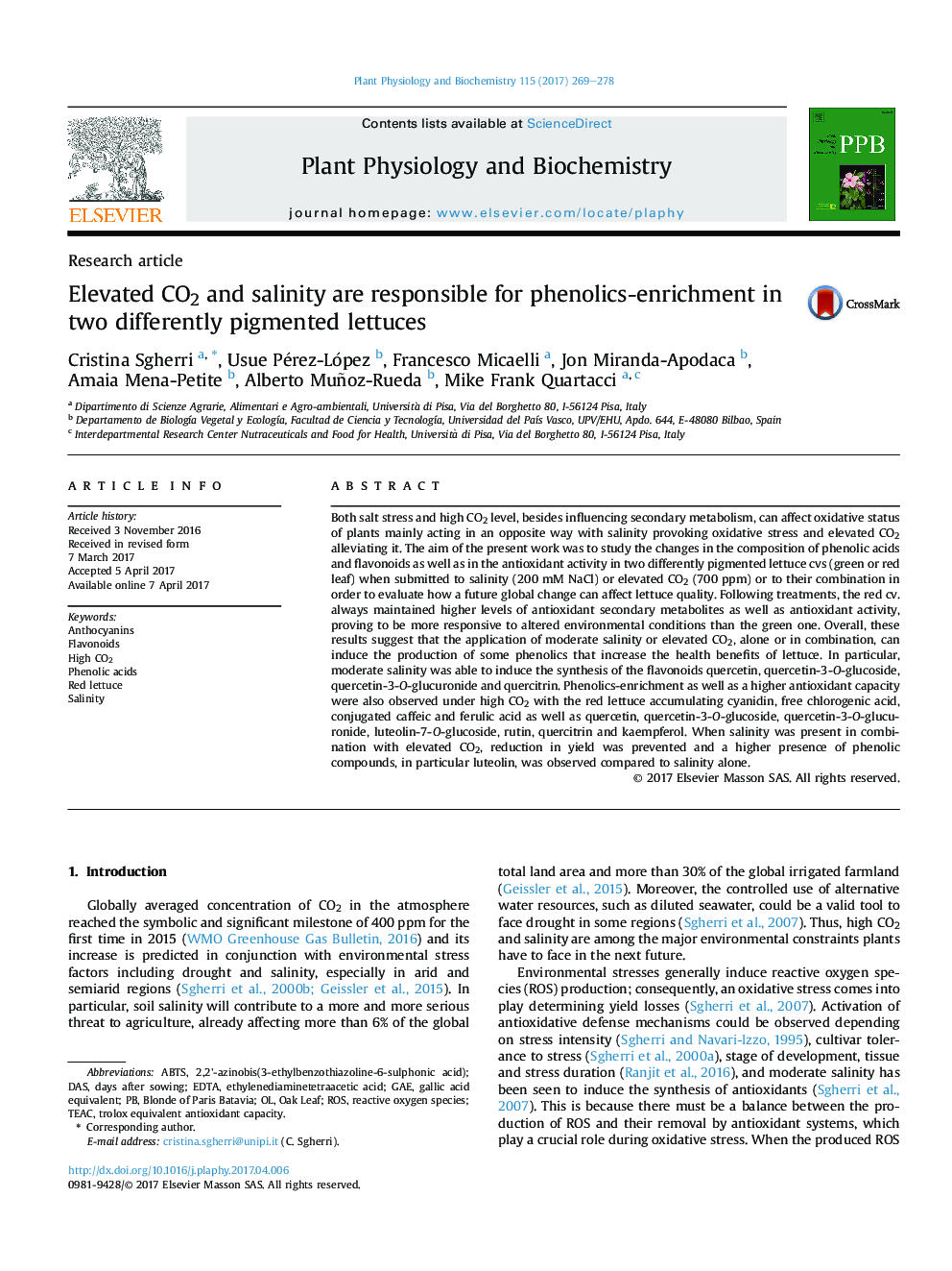 Research articleElevated CO2 and salinity are responsible for phenolics-enrichment in two differently pigmented lettuces