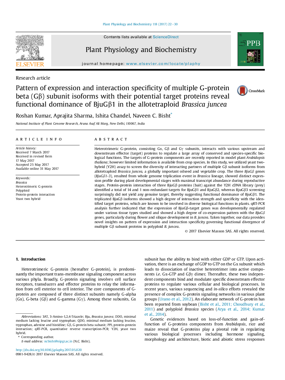 Research articlePattern of expression and interaction specificity of multiple G-protein beta (GÎ²) subunit isoforms with their potential target proteins reveal functional dominance of BjuGÎ²1 in the allotetraploid Brassica juncea