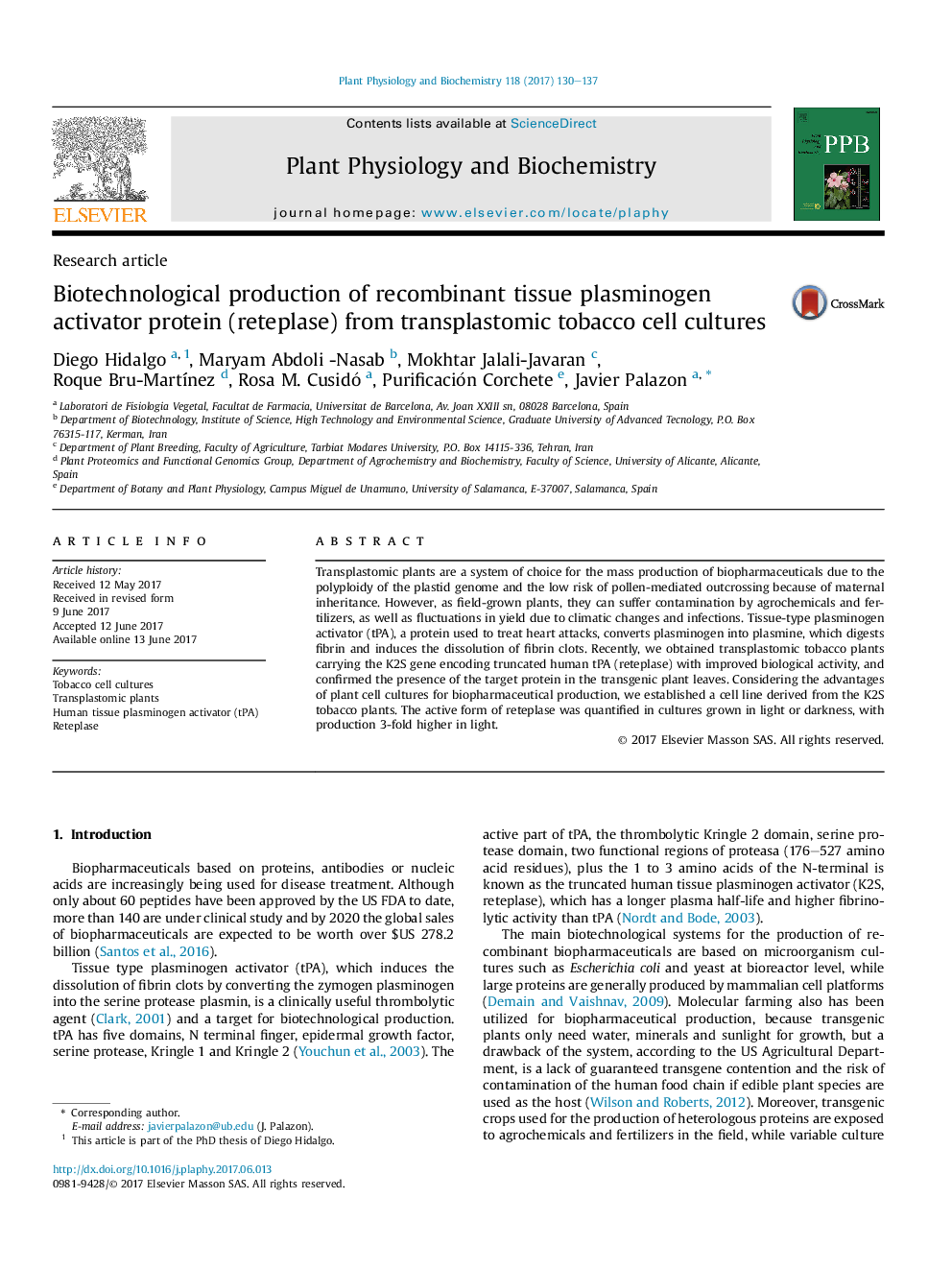 Research articleBiotechnological production of recombinant tissue plasminogen activator protein (reteplase) from transplastomic tobacco cell cultures