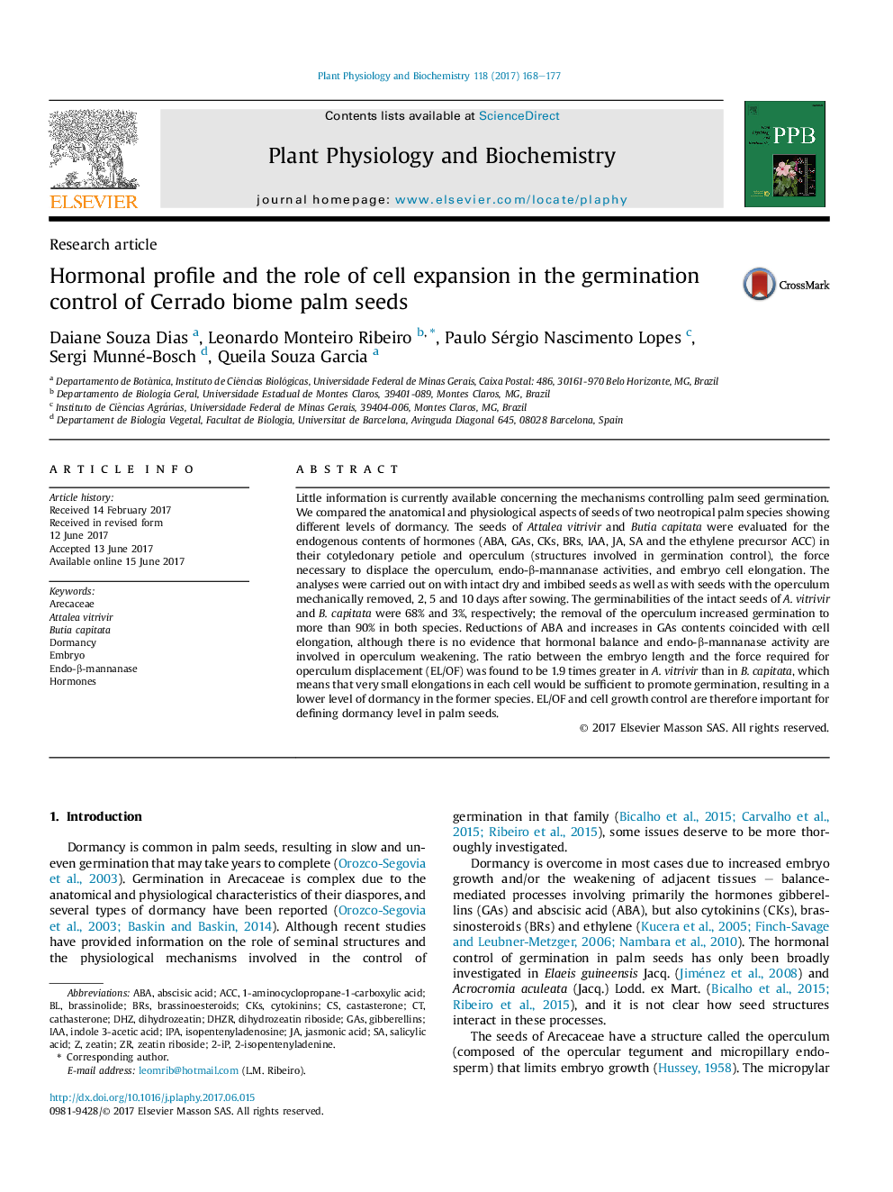 Research articleHormonal profile and the role of cell expansion in the germination control of Cerrado biome palm seeds