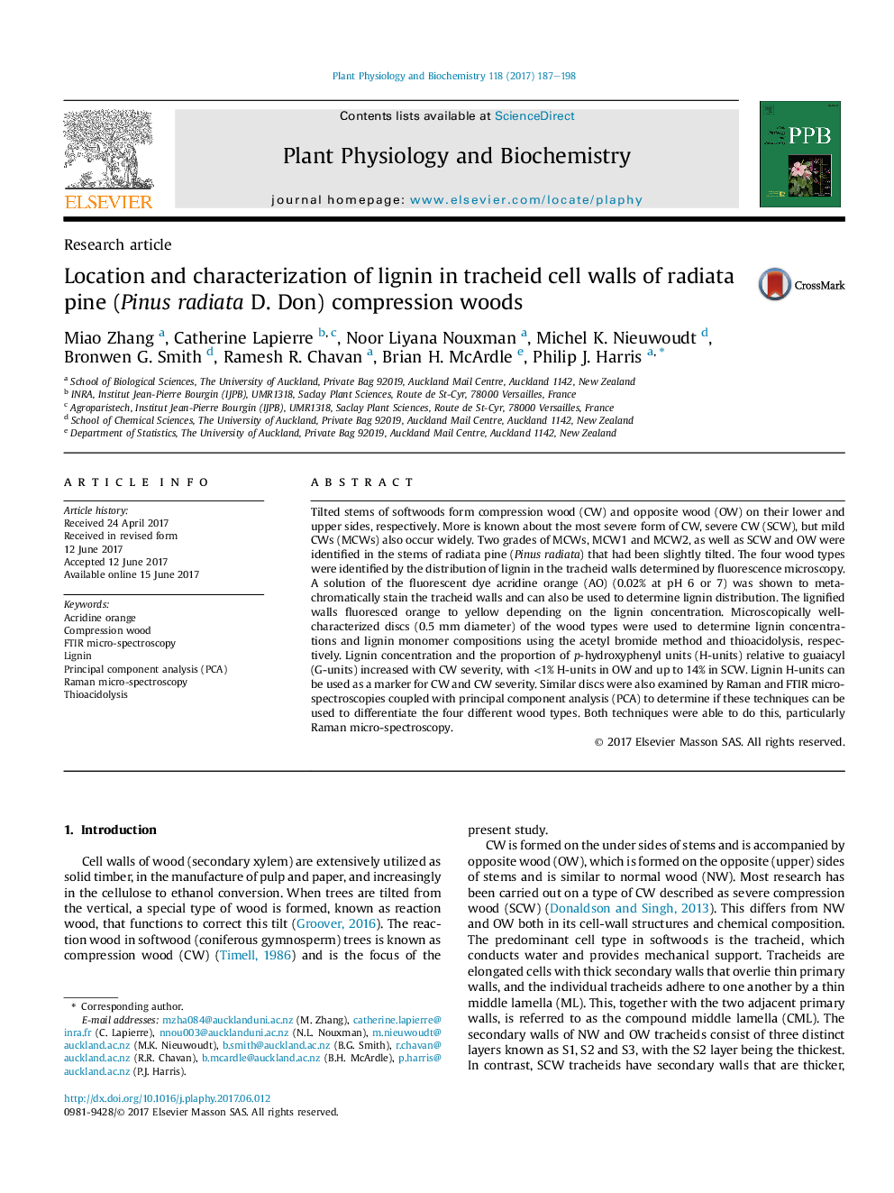 Research articleLocation and characterization of lignin in tracheid cell walls of radiata pine (Pinus radiata D. Don) compression woods