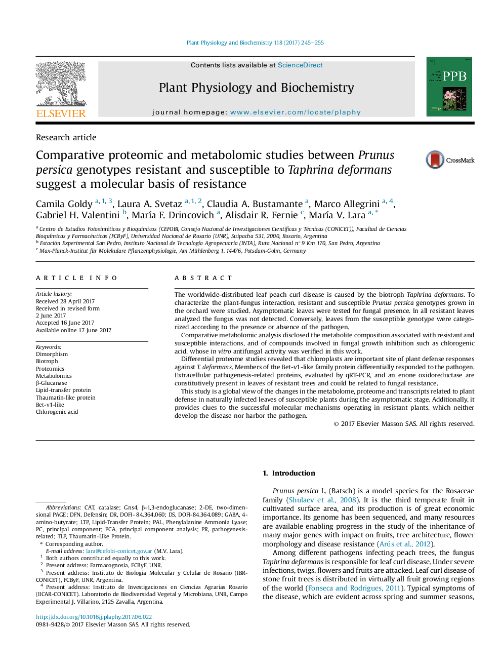 Research articleComparative proteomic and metabolomic studies between Prunus persica genotypes resistant and susceptible to Taphrina deformans suggest a molecular basis of resistance