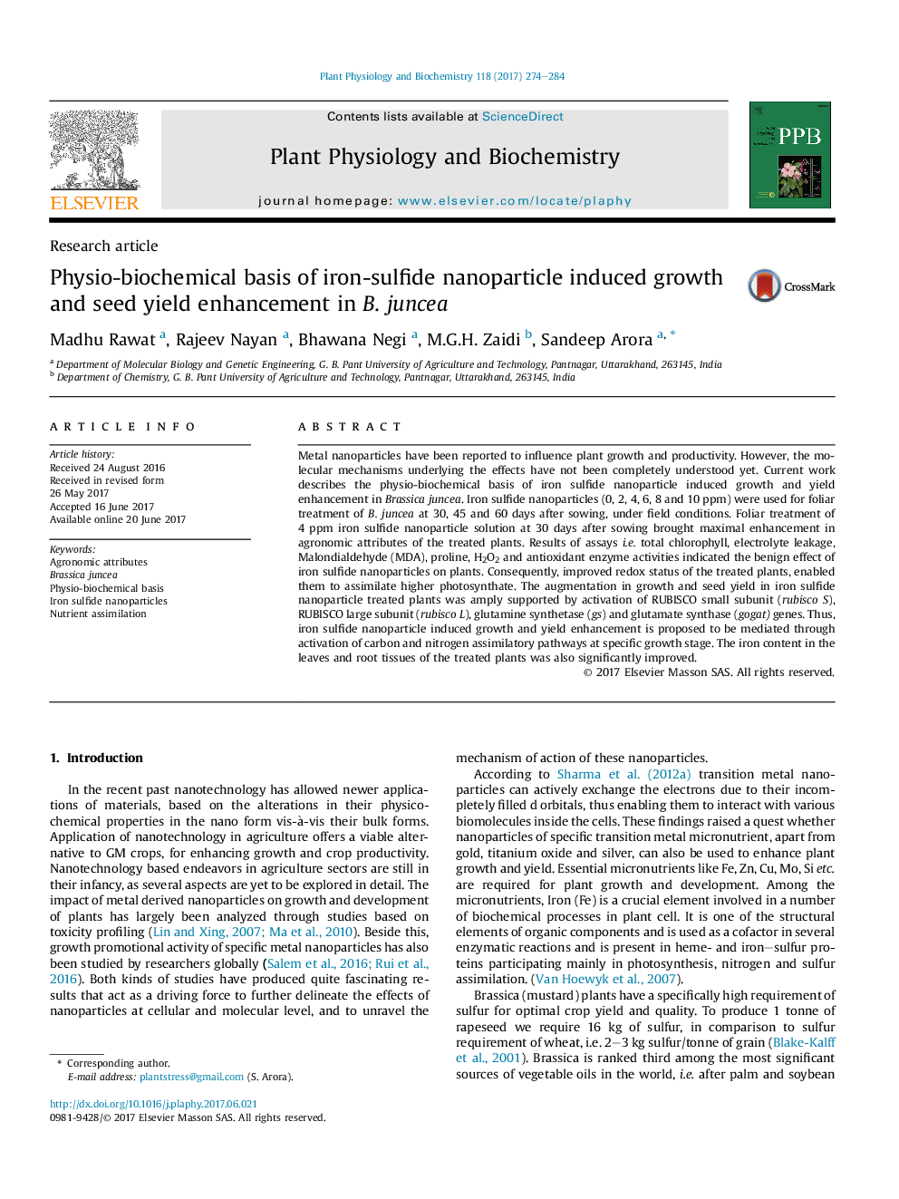 Research articlePhysio-biochemical basis of iron-sulfide nanoparticle induced growth and seed yield enhancement in B.Â juncea