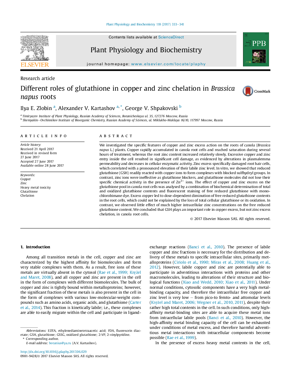 Research articleDifferent roles of glutathione in copper and zinc chelation in Brassica napus roots